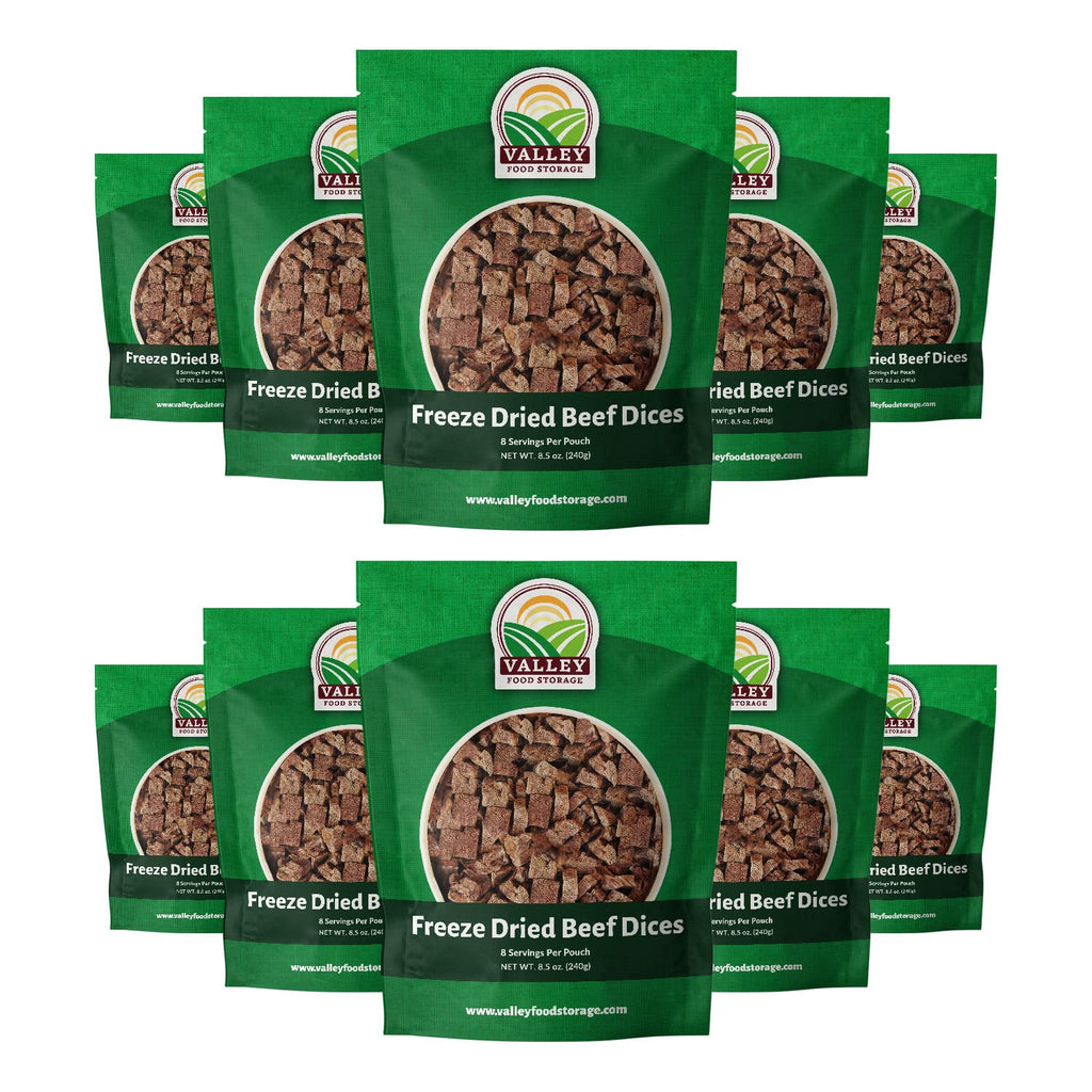 Freeze Dried Beef Dices 10-Bag Bucket, 85 Oz | Premium Emergency Food Supply 25 Year Shelf Life | Prepper Supplies, Survival Food, Off Grid Living Supplies | Valley Food Storage Packaged in USA