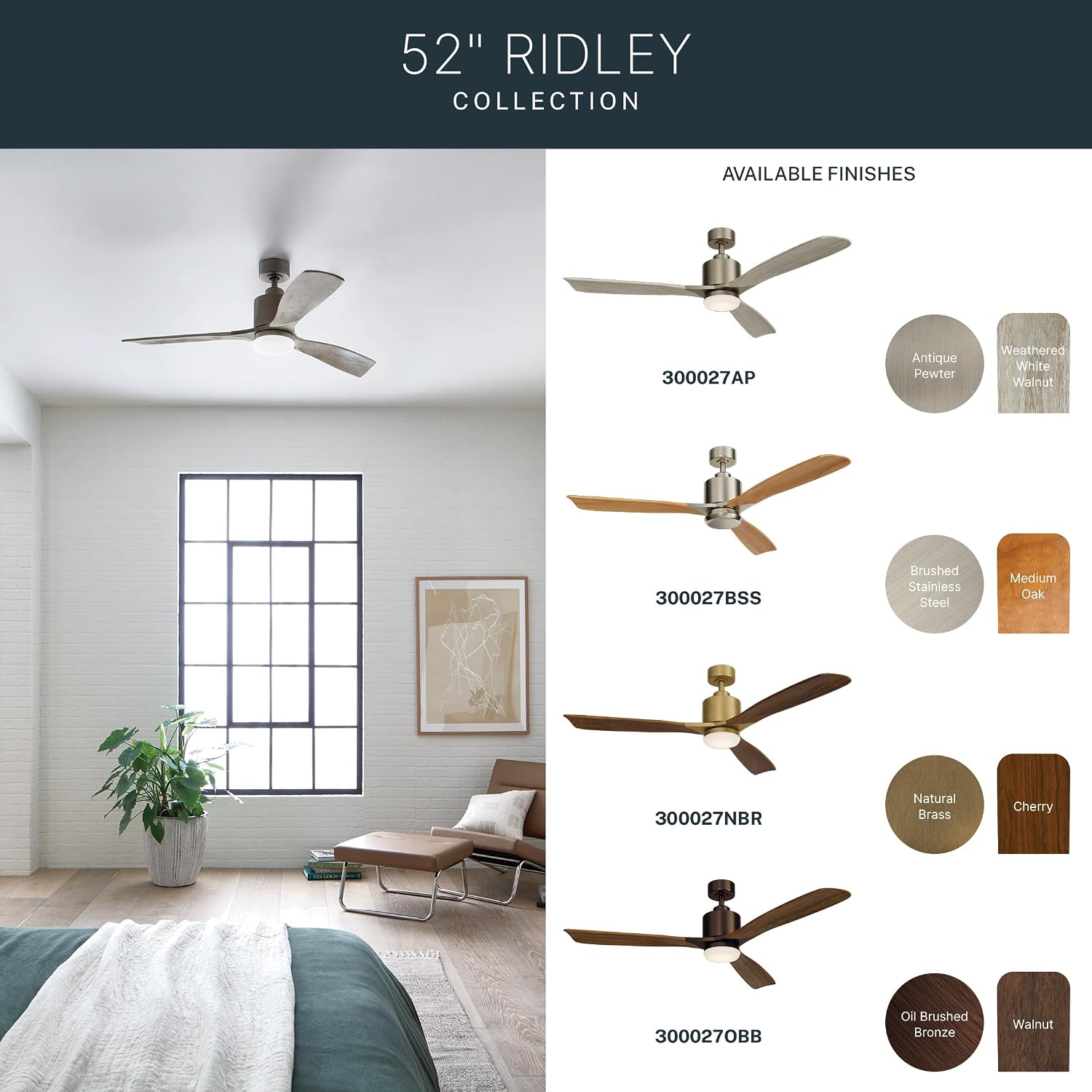 Kichler Ridley II 52' Ceiling Fan and Light Kit in Natural Brass, 3-Blade LED Ceiling Fan in Cherry Finish, 3000K, (52' W x 14.5' H), 300027NBR