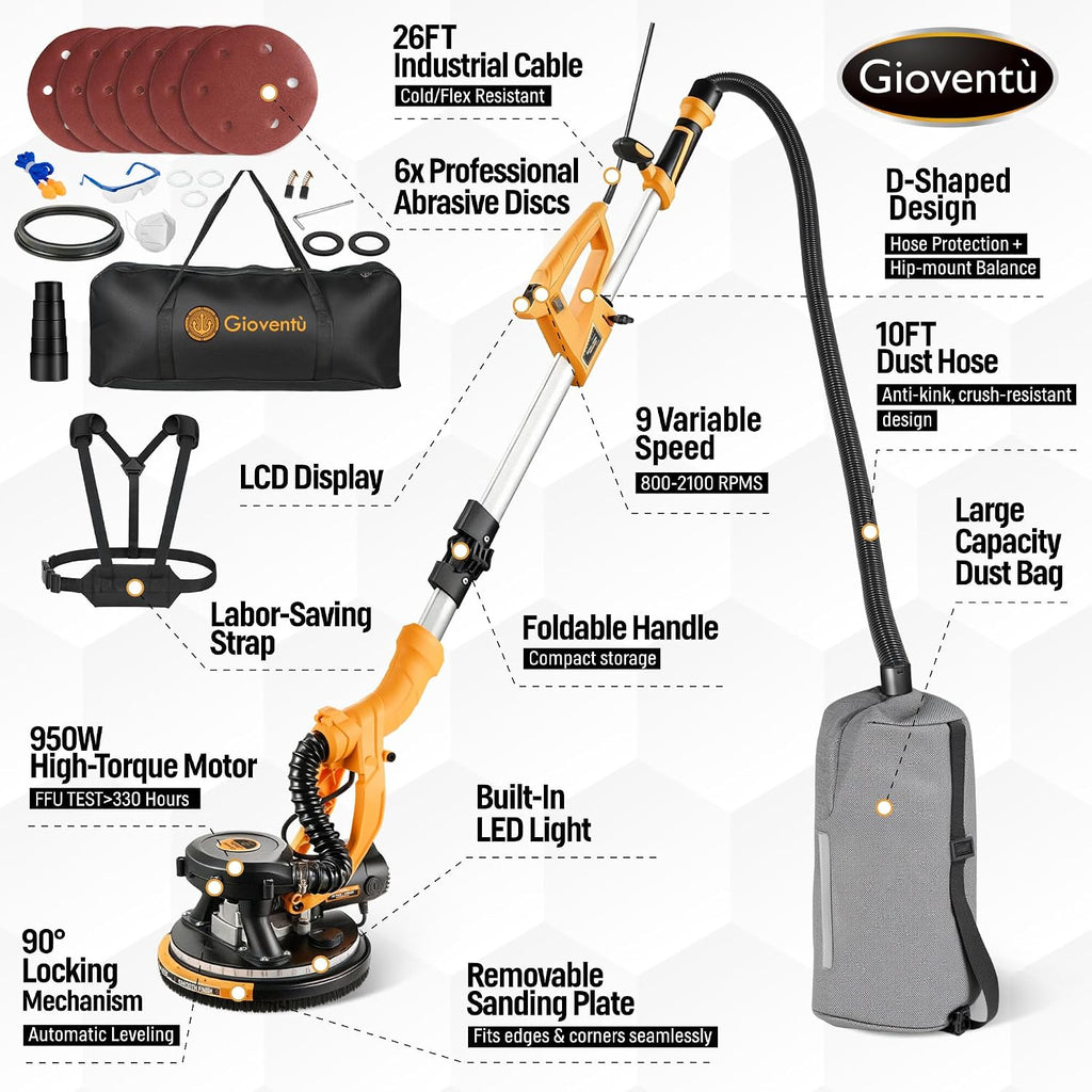 Electric Drywall Sander, 950W Drywall Power Sander with Vacuum Dust Collector, 9 Variable Speed 800-2100RPM, LED Light, Dustless Wall Sander for Drywall, Popcorn Ceiling, Corner etc