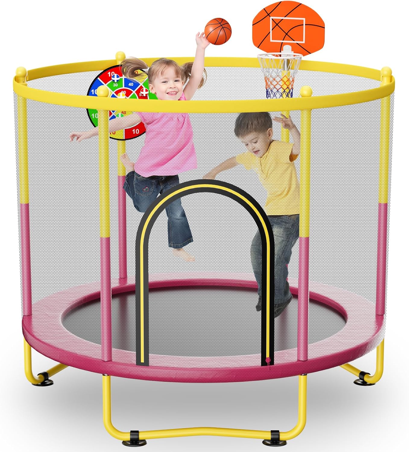 6FT Indoor Trampoline for Kids Ages 1-8, 72' Mini Toddler Indoor & Outdoor Trampoline with Safety Enclosure Net, Basketball Hoop & Dart Board, Birthday Gifts for Boys & Girls, Baby Toddler