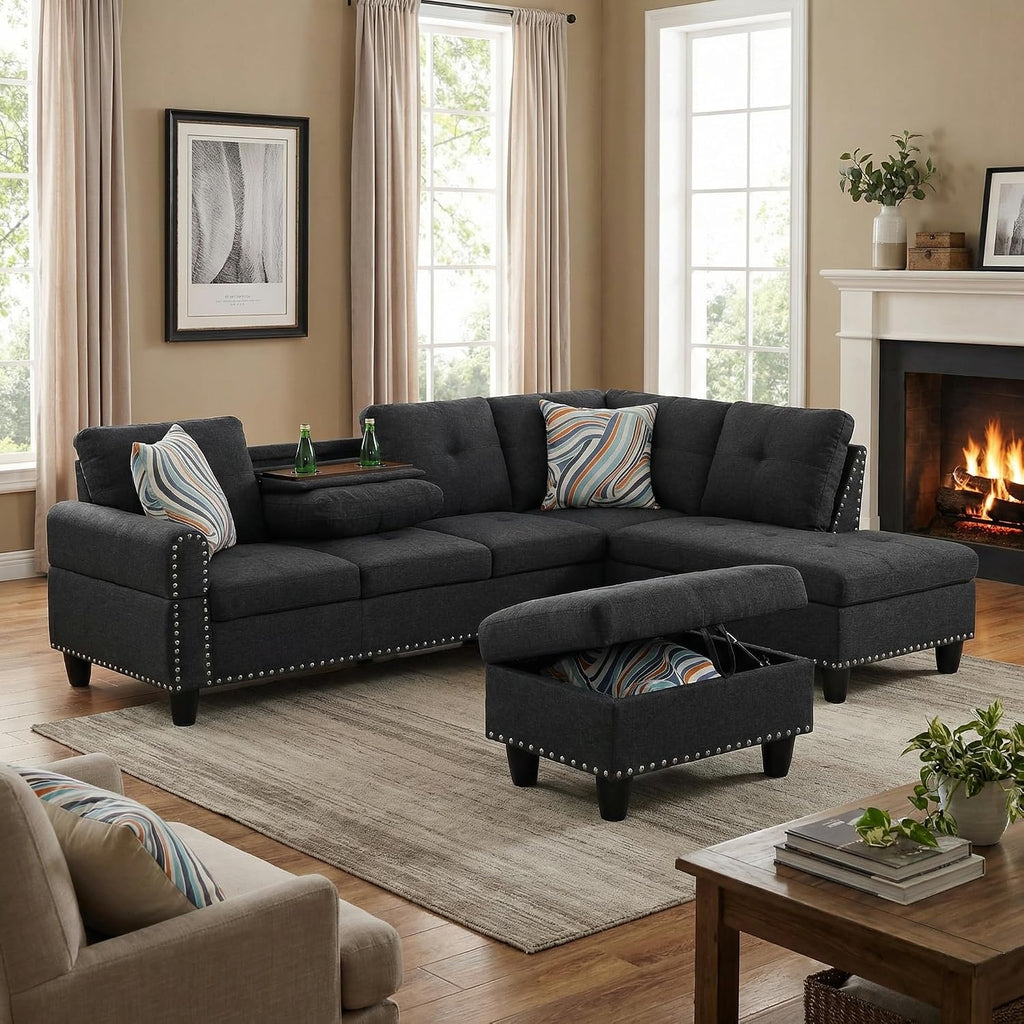 97.5' L Shaped Couch Set, Modular Sectional Couches for Living Room with Storage Ottoman, 4 Seat Home Sofa Living Room Furniture Sets with Chaise for Apartment Office (Linen, Dark Grey)