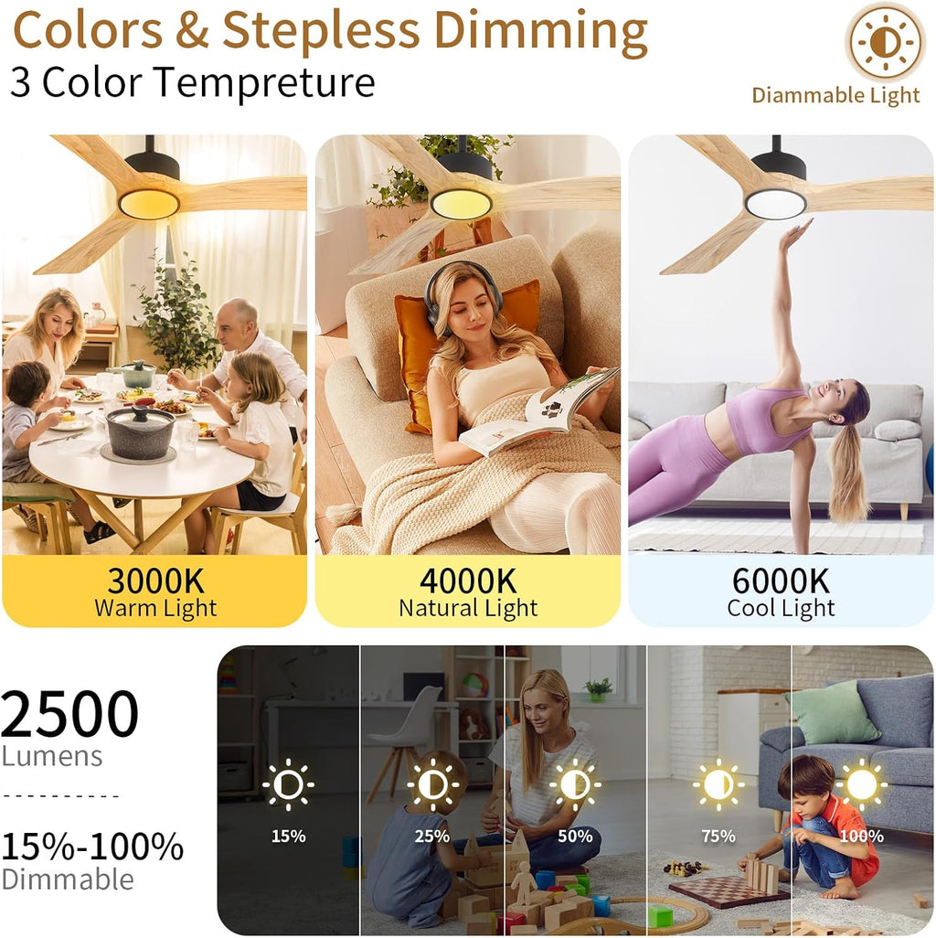 52inch Ceiling Fan with Lights,Downroad Ceiling Fans with Remote Control,3 Wooden Blades,Dimmable Light,6 Speeds,Noiseless,Ceiling Fan for Bedroom,Living Room,Office,Indoor,Natural Wood Grain