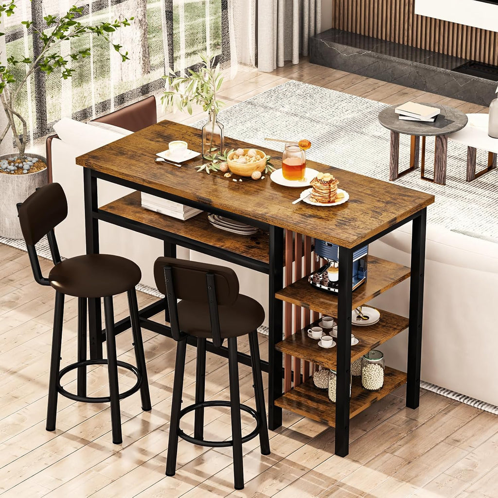 Recaceik 3 Piece Bar Dining Table Set, Modern Bar Table and Stools for 2, Kitchen Counter Height Dining Table Set with 4 Storage, Breakfast Nook Set Pub Table with Backrest
