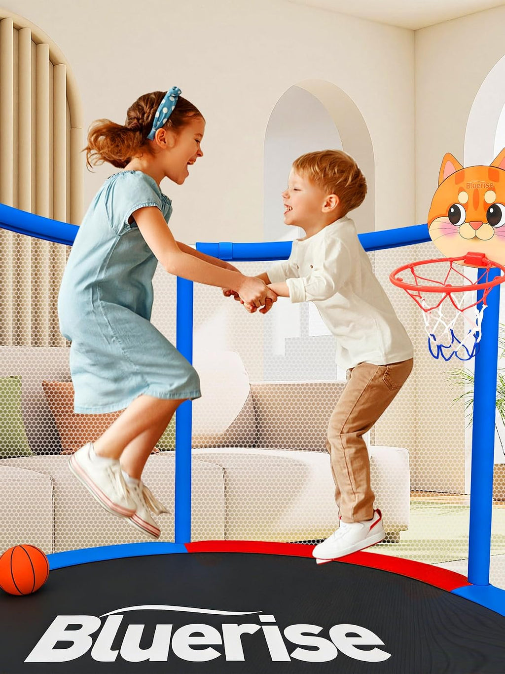 BLUERISE 55IN 6FT Toddler Trampoline for Kids Indoor Outdoor Play for Kids Trampoline Basketball Hoop Attachment with Enclosure Net Easy to Assemble