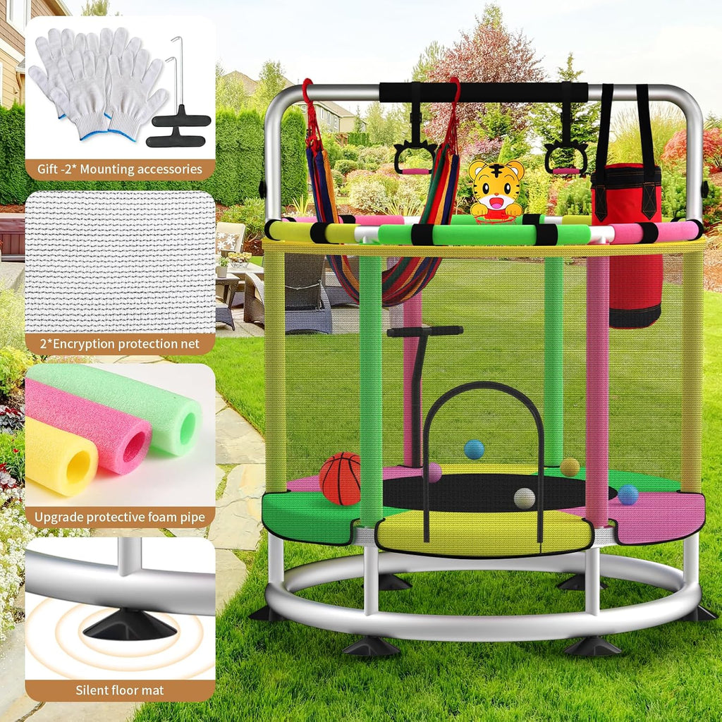 Trampoline for Kids, Adjustable Baby Toddler Trampoline with Basketball Hoop, Round Bottom Indoor Outdoor Toddler with Enclosure