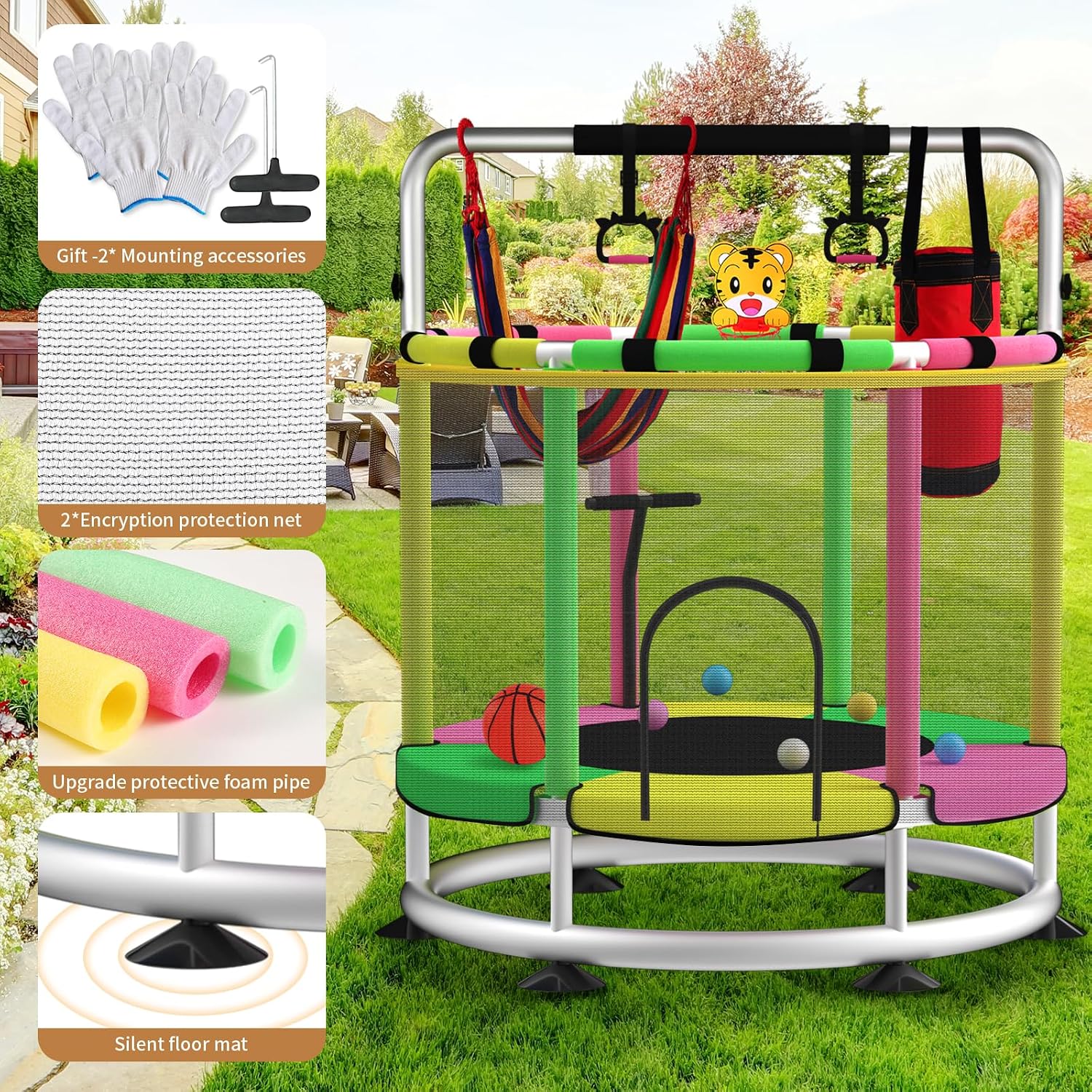 Trampoline for Kids, Adjustable Baby Toddler Trampoline with Basketball Hoop, Round Bottom Indoor Outdoor Toddler with Enclosure