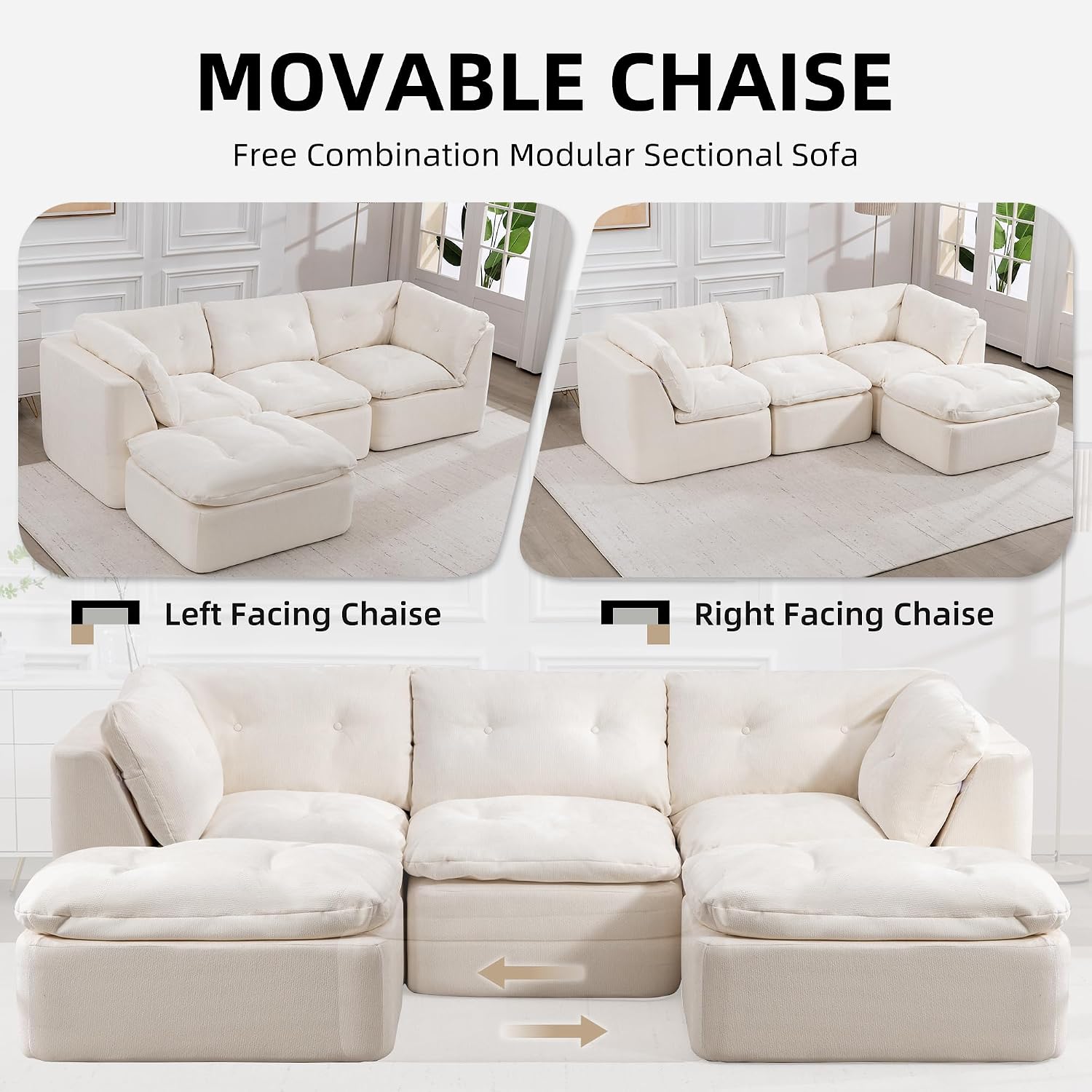 Tufted Cushions Cloud Sectional Boneless Sectional Sofa with Movable Ottoman, 112' Oversized Modular Convertible L Shaped Corner Couch with Deep Seat,Memory Foam Compressed Sofa