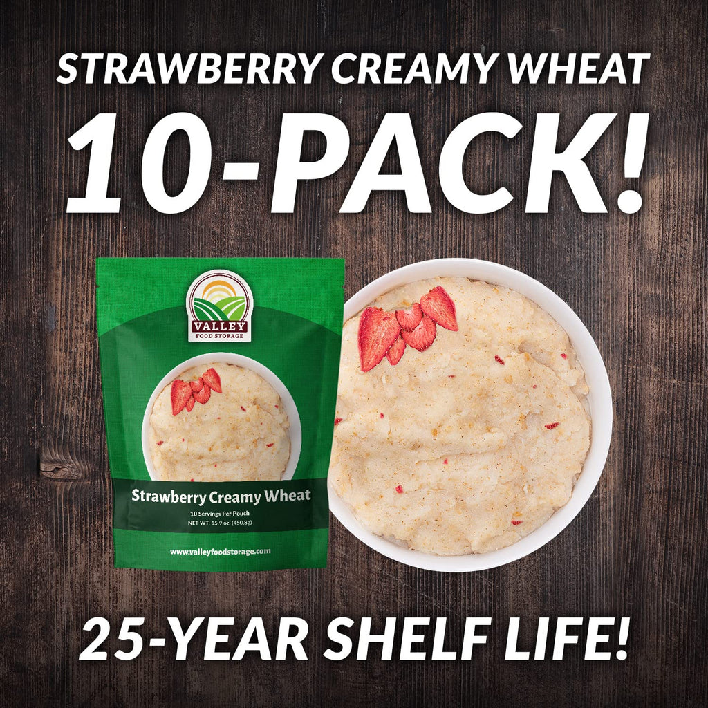 Valley Food Storage Freeze Dried Strawberry Creamy Wheat | 10-Bag Bucket, 100 Servings | Premium Emergency Food Supply, 25 Year Shelf Life | Survival Breakfast Food for Prepper Storage & Camping