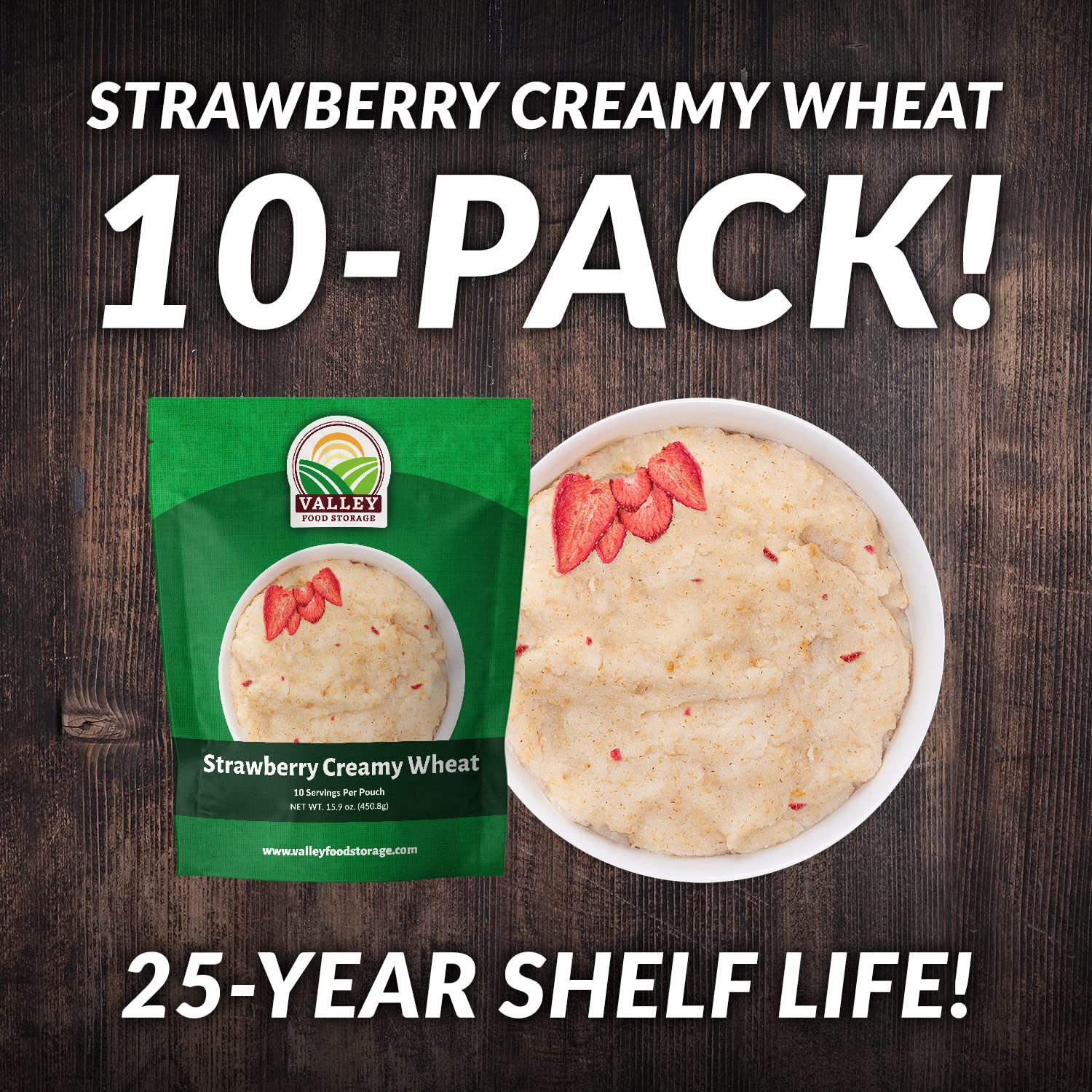 Valley Food Storage Freeze Dried Strawberry Creamy Wheat | 10-Bag Bucket, 100 Servings | Premium Emergency Food Supply, 25 Year Shelf Life | Survival Breakfast Food for Prepper Storage & Camping