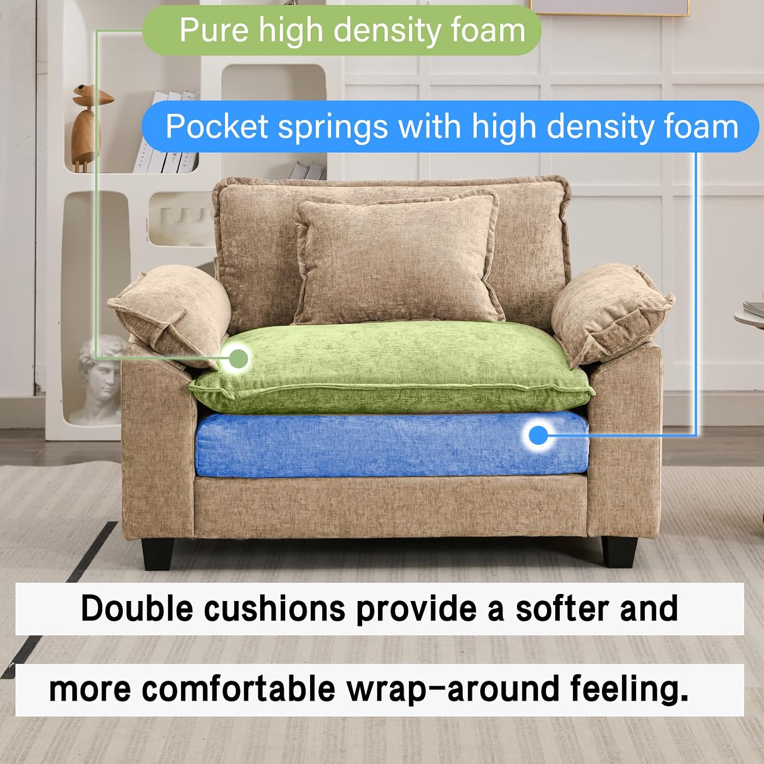 Oprisen Modular Sectional Sofa, Comfy Cloud Couch Sectional Sofa, Chenille Sofa Sleeper Deep Seat Sofa with Throw Pillows for Living Room (Khaki, 53'- Single Seat)