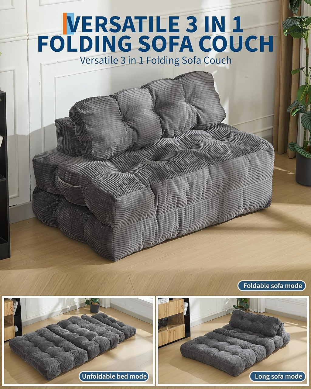 Garvee Folding Sofa Bed, Convertible Sleeper Chair with Pillow Foldable Mattress with Back Support, Boneless Fold Out Chair Bed Comfy Floor Sofa Lounge for Living Room, Bedroom, Dark Gray, Full