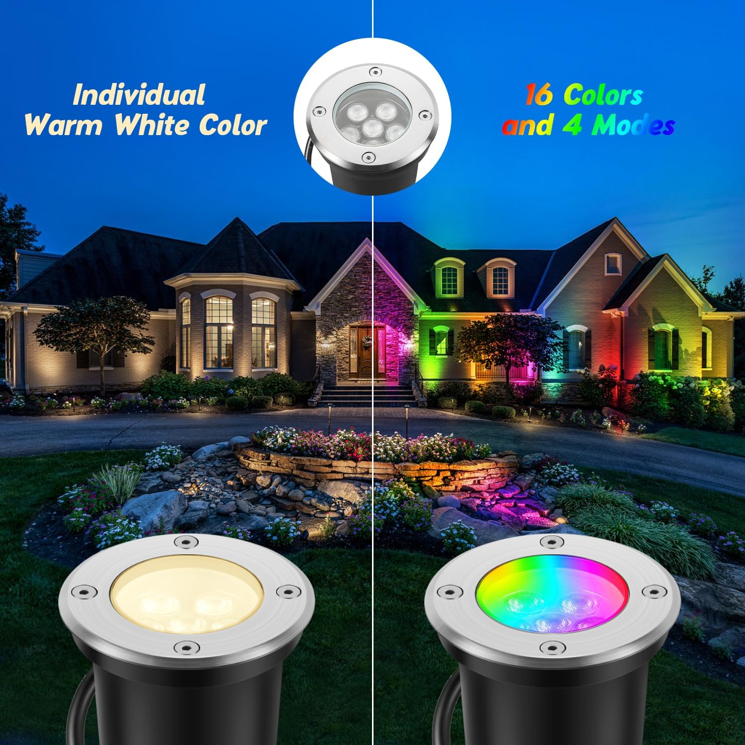 Low Voltage Landscape Lights Christmas 10W RGBW Warm White LED Well Landscape Lighting Waterproof Outdoor 12V-24V Pathway Deck Ground Garden RGB Christmas Well Lights (12)