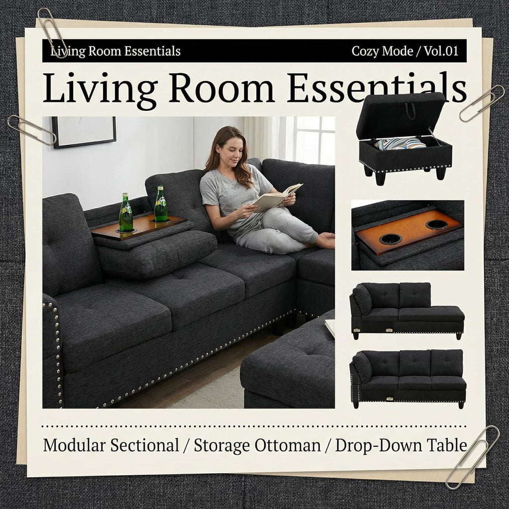 97.5' L Shaped Couch Set, Modular Sectional Couches for Living Room with Storage Ottoman, 4 Seat Home Sofa Living Room Furniture Sets with Chaise for Apartment Office (Linen, Dark Grey)