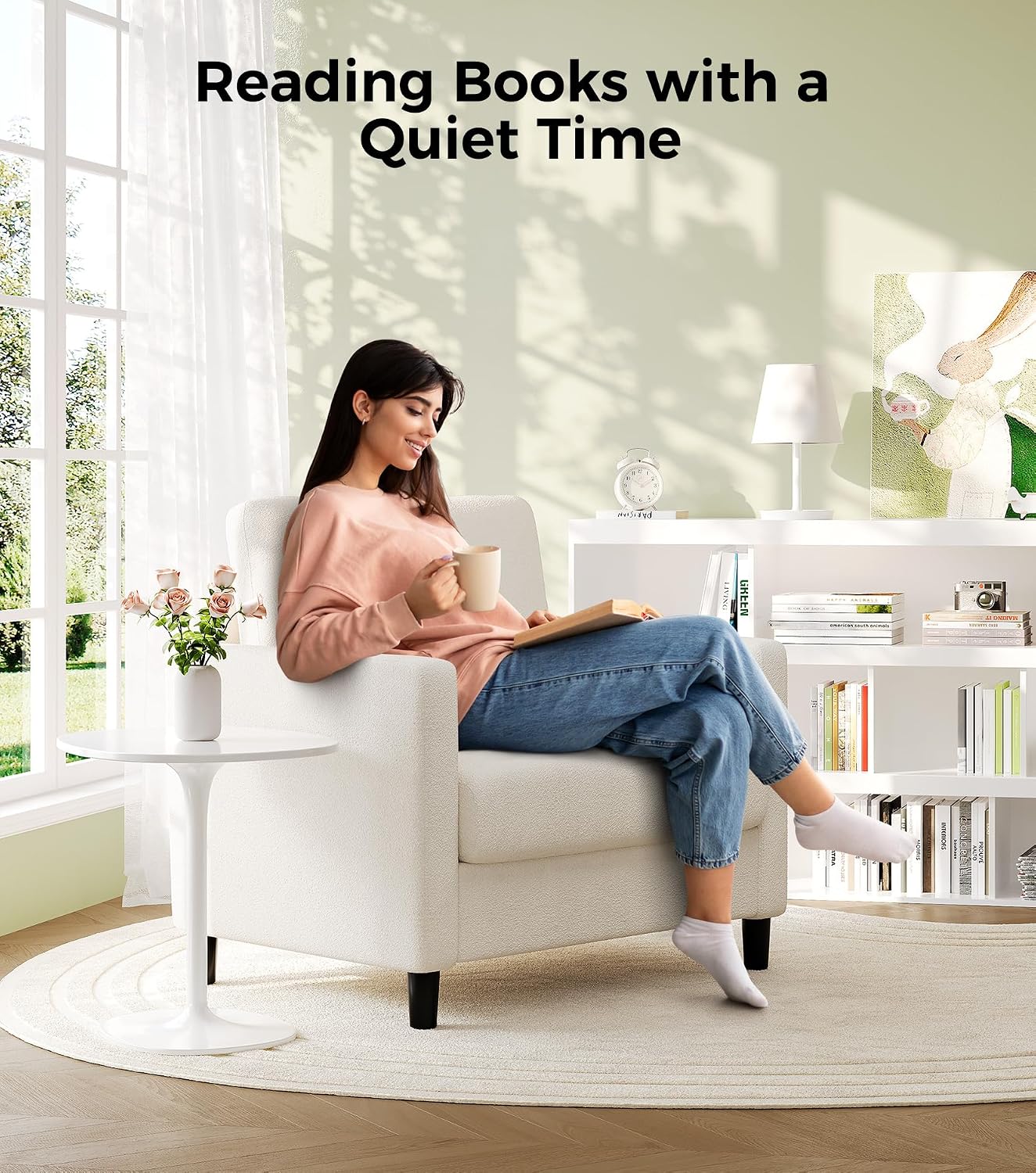 Welzona Sofa Accent Chair, 33' Reading Chair for Bedroom, Tool-Free Setup Living Room Accent Chairs, Comfy Arm Chairs Living Room, All-Wood Reading Nook, Cream White
