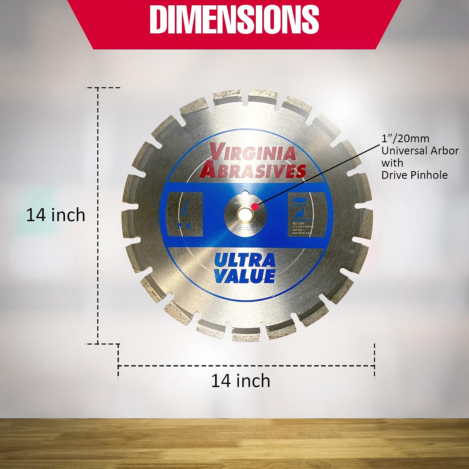 Virginia Abrasives 425-03078 - 14' Ultra-Value Asphalt Diamond Saw Blade - Wet/Dry Concrete Cutting Tool with 7mm Laser-Welded Segments - High Precision for High Speed/Walk Behind Saws -1pc
