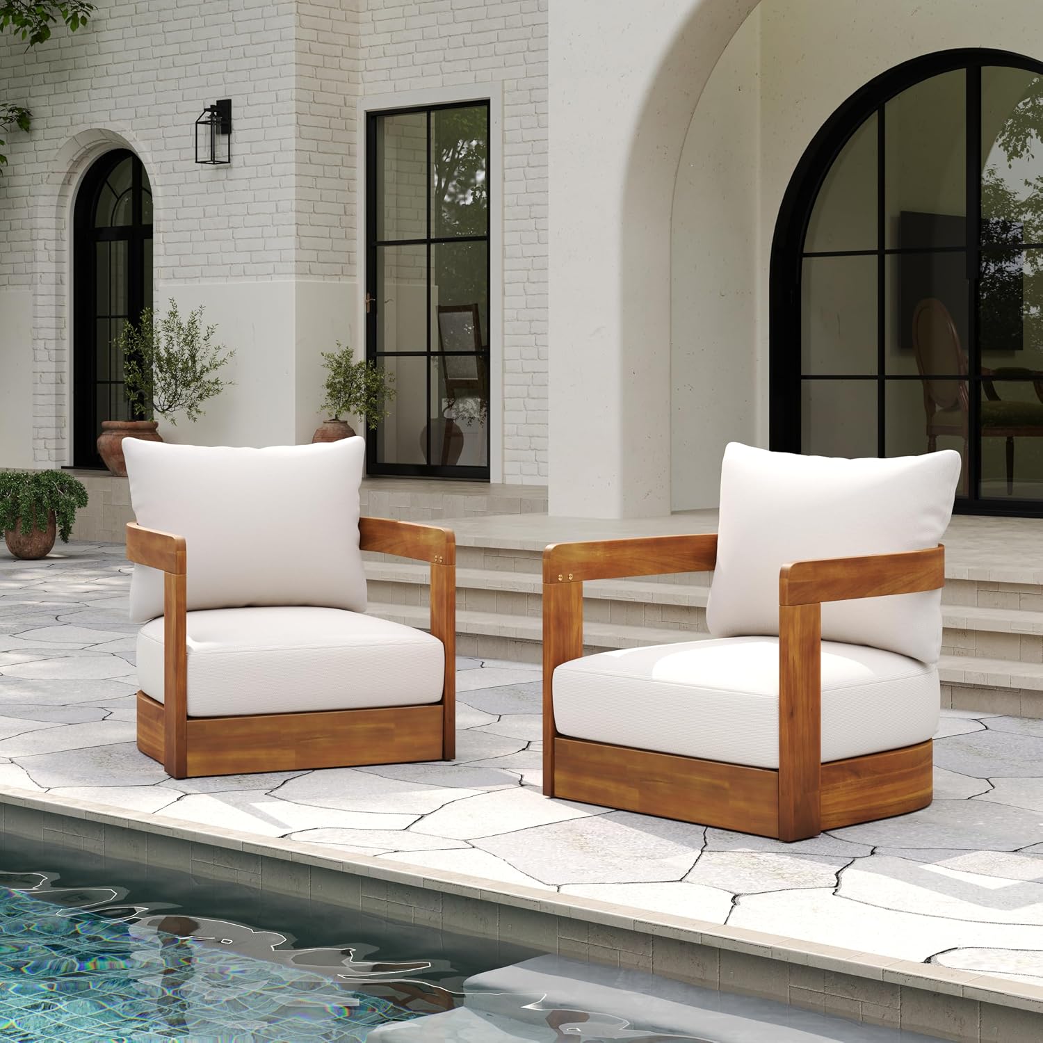 Christopher Knight Home Chloe Acacia Wood Lounge Chair Outdoor Set of 2, Curved Tub Design Accent Chairs with Weather Resistant Cushion, Comfy Low Profile Reading Seating for Backyard, Teak+ Beige