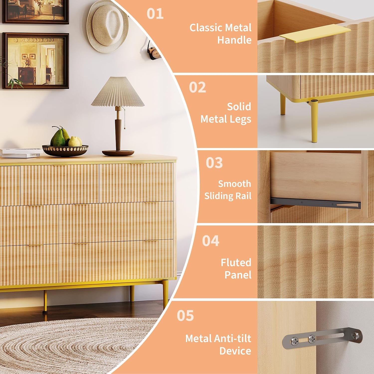 Garvee LED Dresser with Charging Station - Modern 5-Drawer 47' Wide Wooden Chest, Storage Organizer for Bedroom, Nursery, Hallway & Apartments