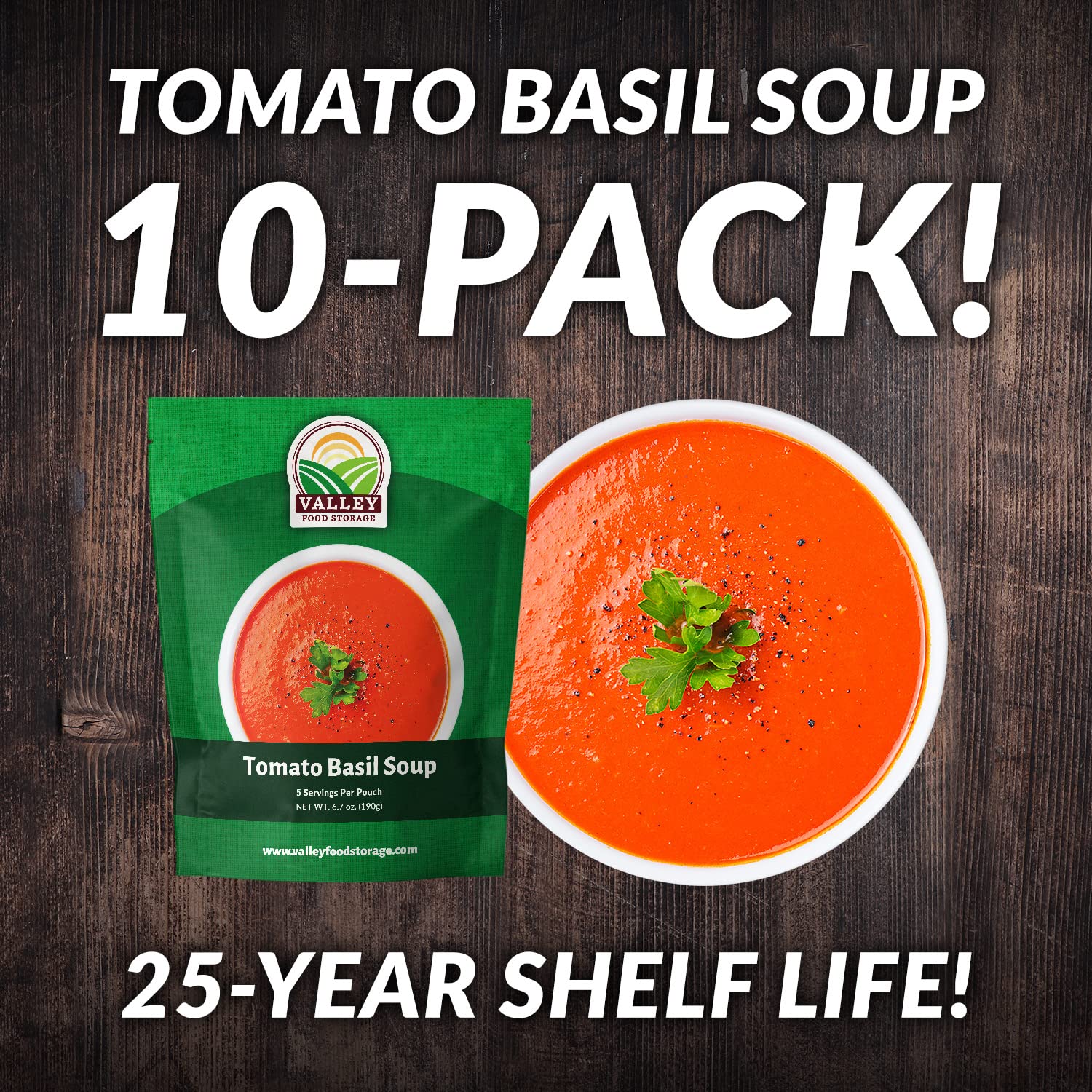 Valley Food Storage Tomato Basil Soup | 10-Bag Bucket, 50 Servings | Premium Emergency Food Supply with 25 Year Shelf Life | Survival Meal Kits, Prepper Food, Camping & Off-Grid Living Supplies | Packaged in USA