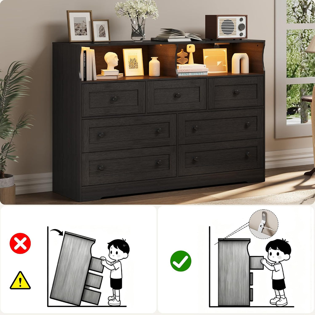 IDEALHOUSE Dresser for Bedroom with 7 Drawers, LED Lights & Charging Station, Wooden Chest with 2 Open Compartments, Freestanding Storage Organizer for Closet, Nursery, Entryway, Black