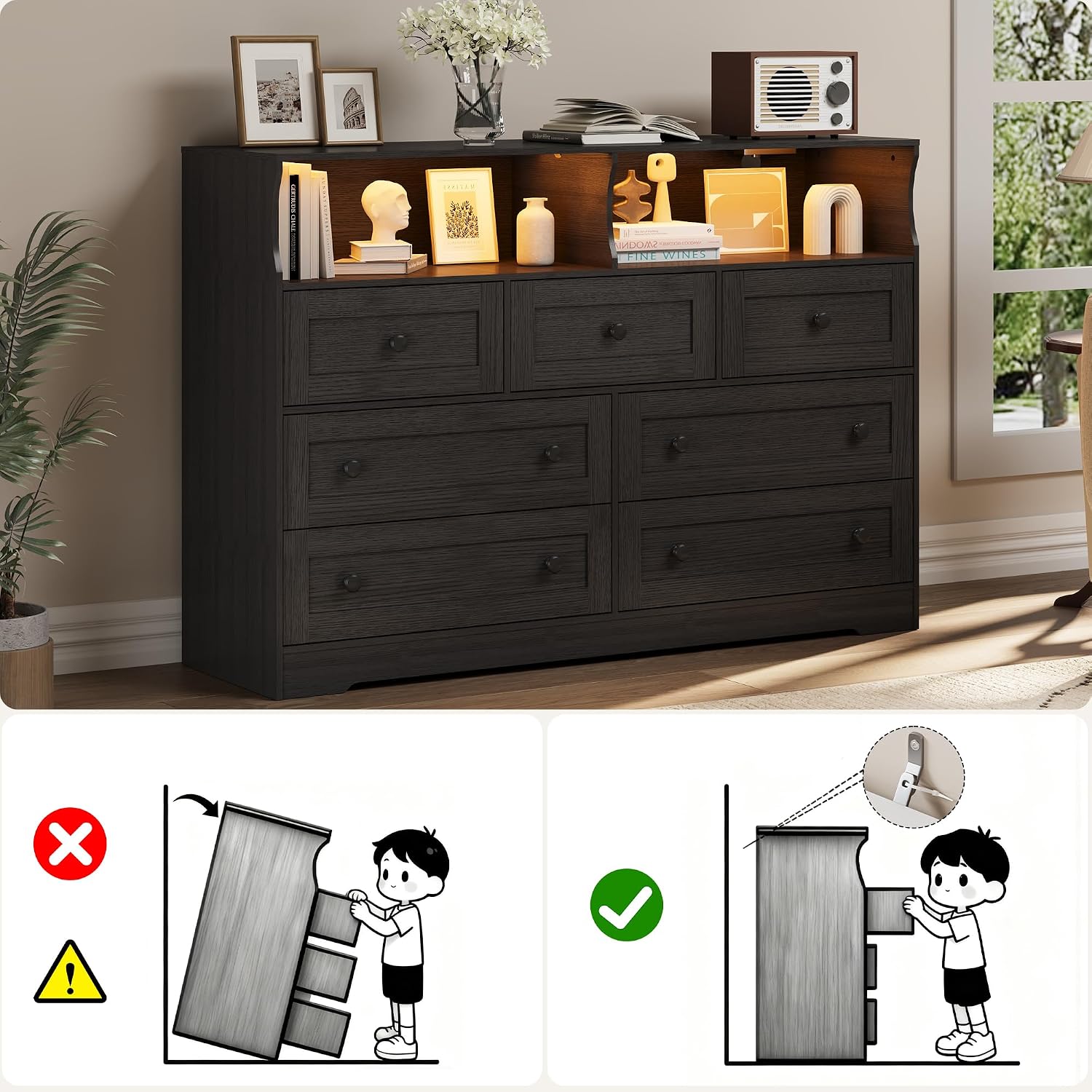 IDEALHOUSE Dresser for Bedroom with 7 Drawers, LED Lights & Charging Station, Wooden Chest with 2 Open Compartments, Freestanding Storage Organizer for Closet, Nursery, Entryway, Black