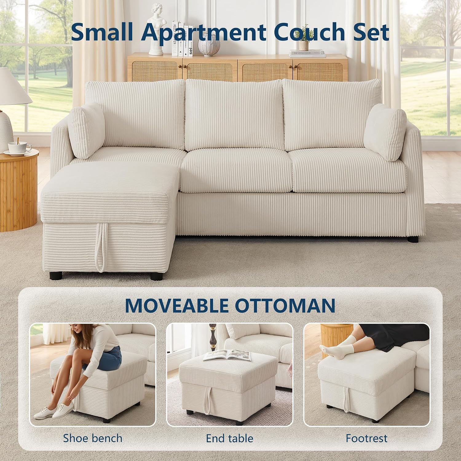 Mofolit 79' Small Couches with Storage Ottoman 3 Seat L Shaped Couch Sectional Sofa with Chaise Lounge for Apartment,Dorm,Bonus Room,Compact Spaces. (Beige, 3+OTT)