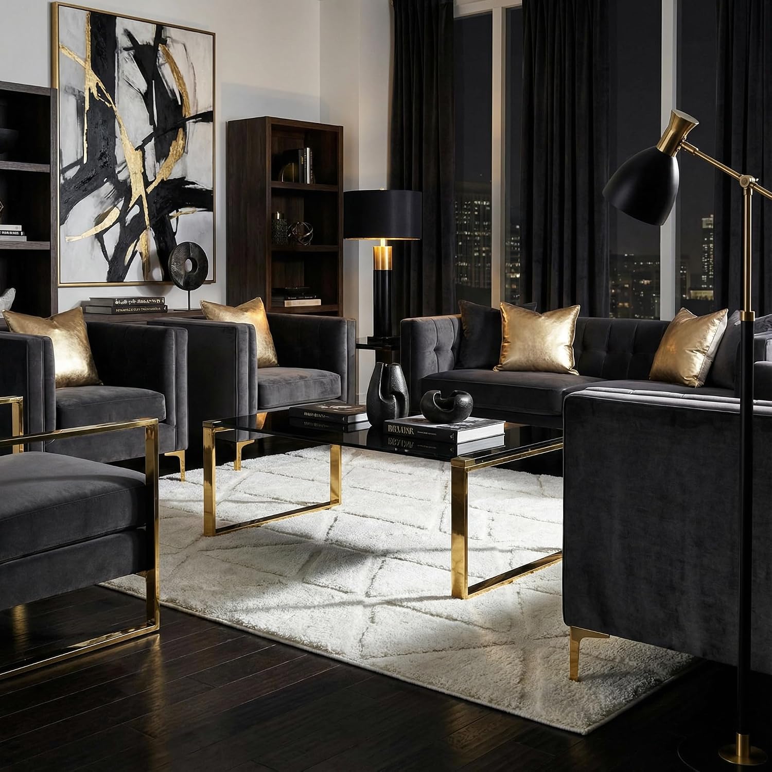 Cortesi Home Remini Coffee Table, Gold Metal and Black Glass