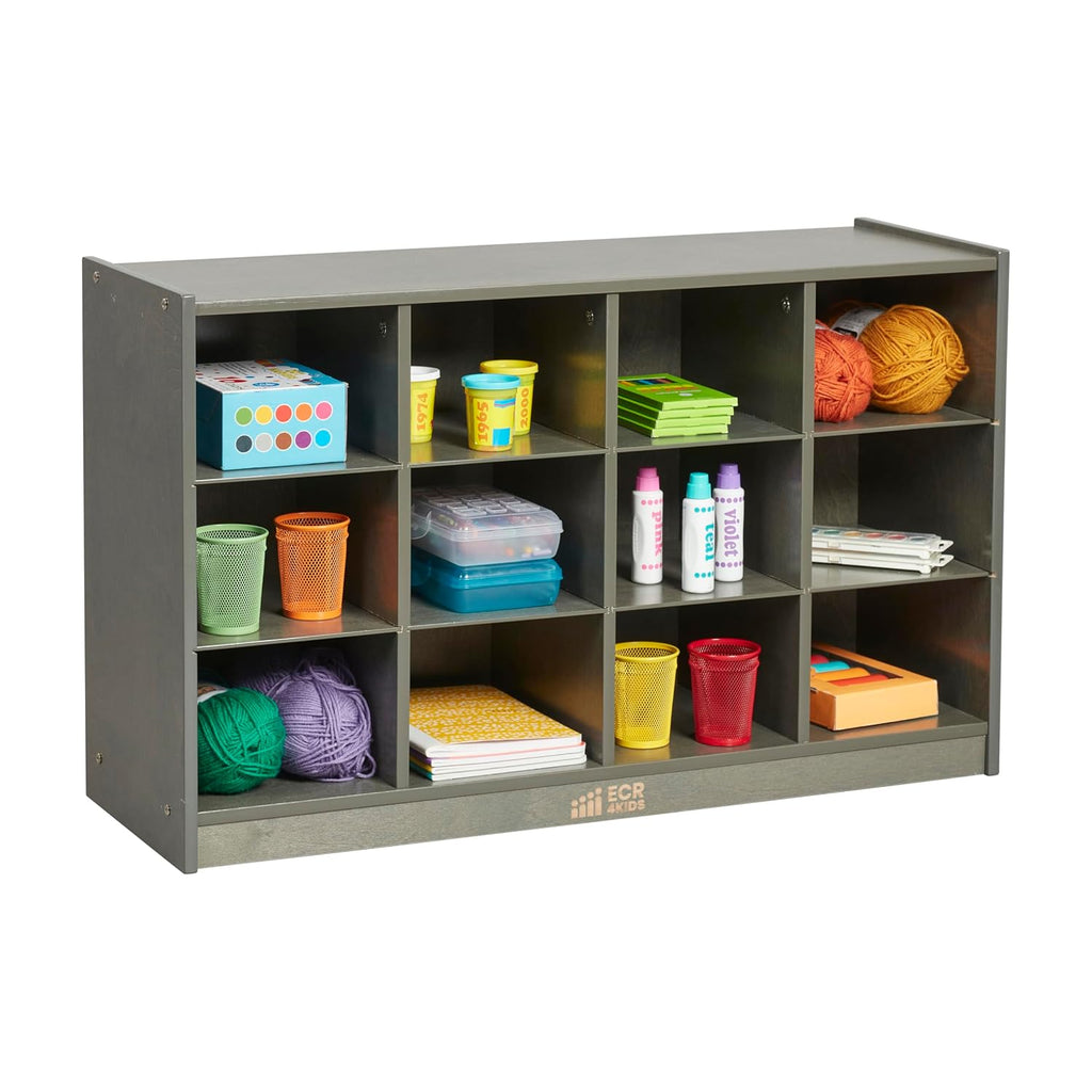 ECR4Kids 12 Cubby Mobile Tray Storage Cabinet, 3x4, Classroom Furniture, Grey Wash