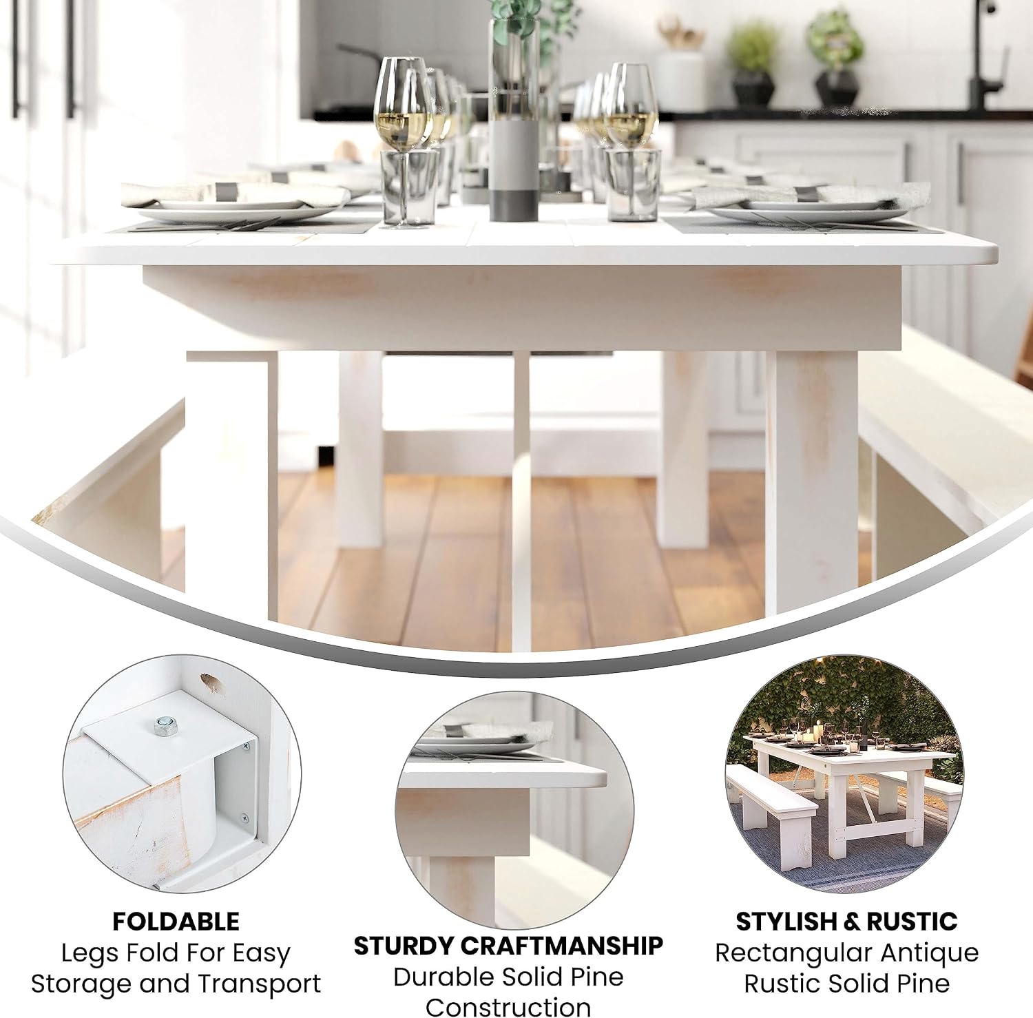 Flash Furniture Hercules Commercial Grade Farmhouse Dining Table | Solid Pine Foldable Table for 10 in Antique Rustic White | Rustic Charm for Home and Events