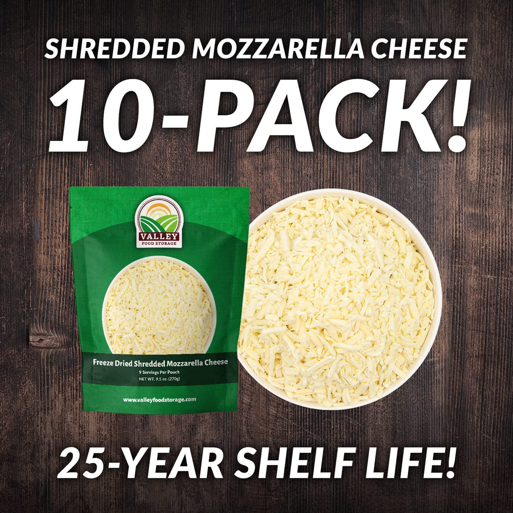 Freeze Dried Shredded Mozzarella Cheese 10-Bag Bucket, 95 Oz | Premium Emergency Food Supply 25 Year Shelf Life | Non-GMO Prepper Supplies, Survival Food Off Grid Living Supplies | Valley Food Storage