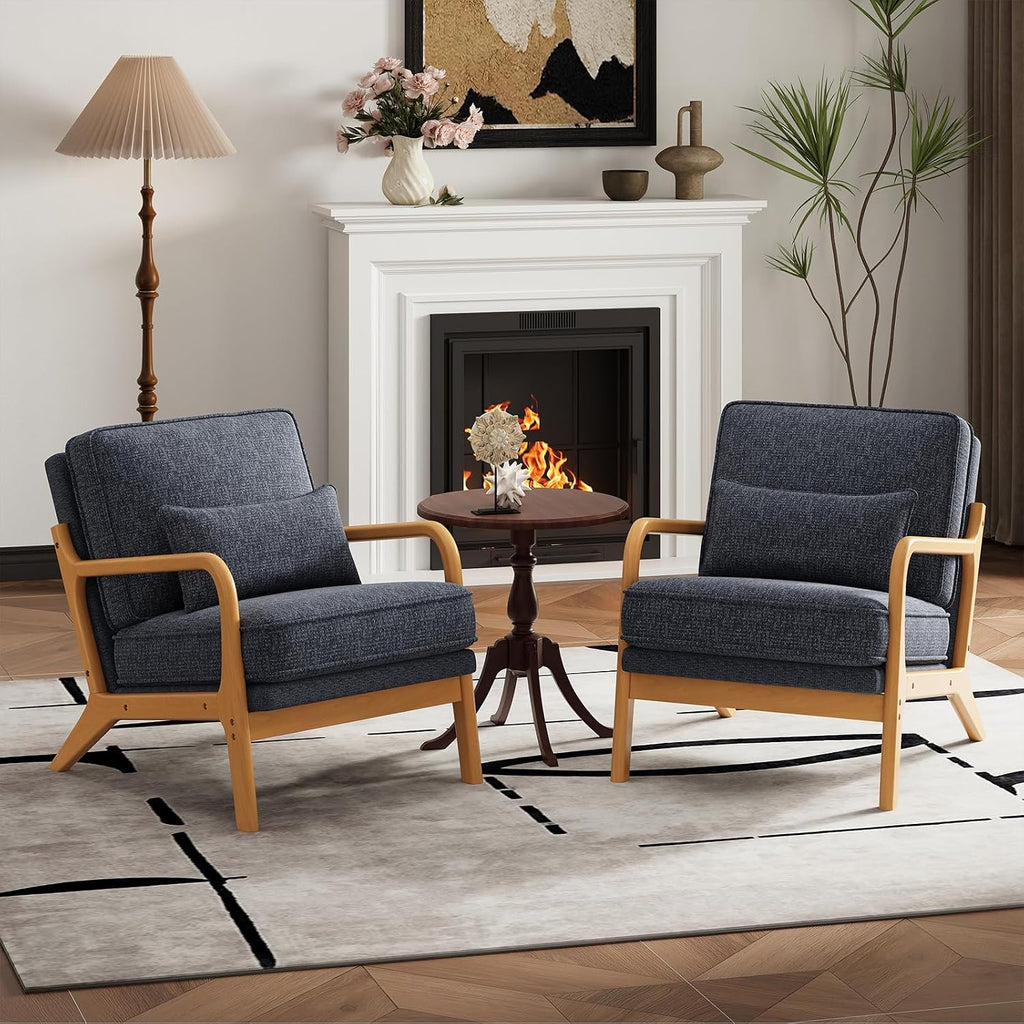 MALOL Modern Accent Chair Set of 2 with Lumbar Pillow, Relaxing Mid Century Chair Armchair with Solid Wood Frame & Soft Cushion, Reading Leisure Armchair for Living Room, Blue