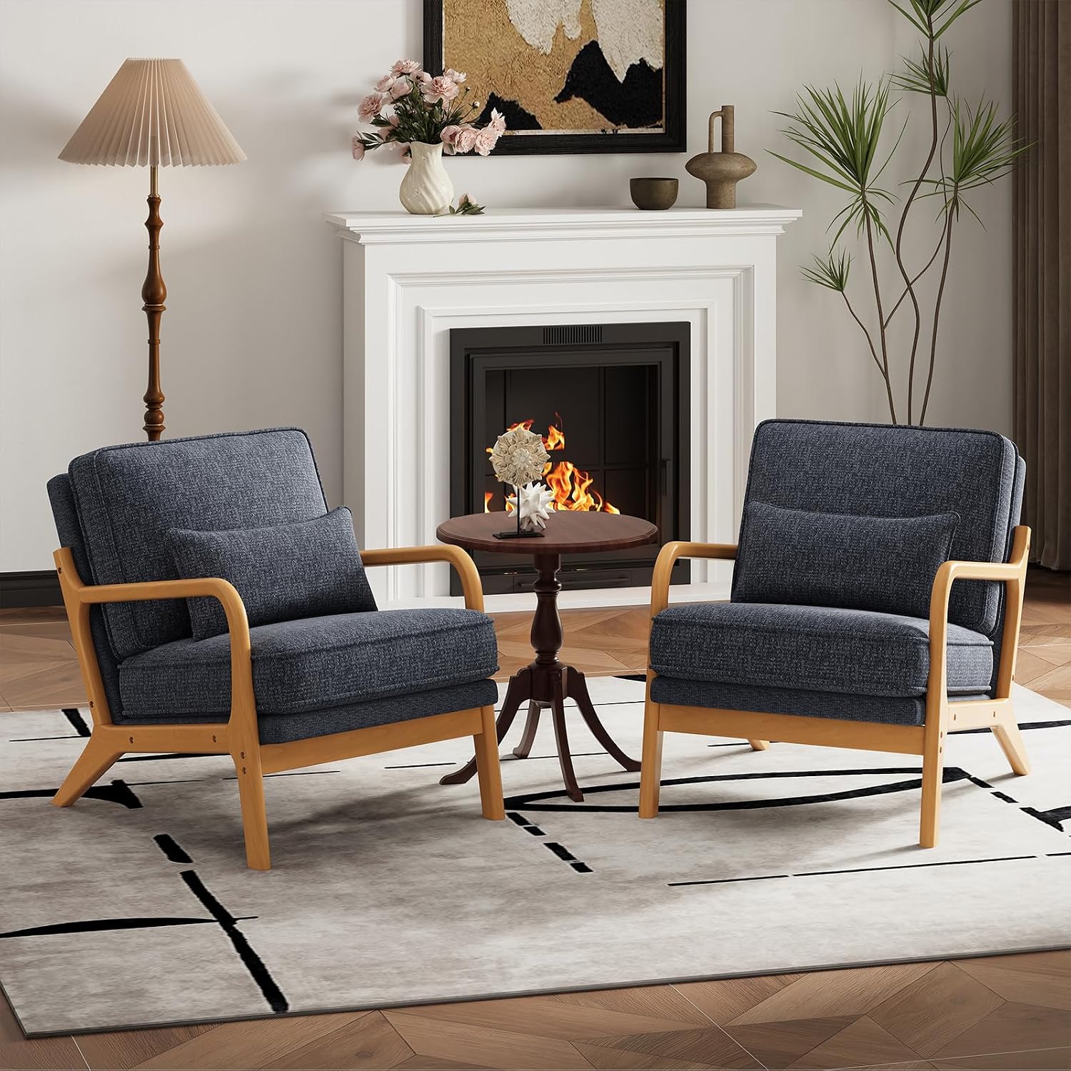 MALOL Modern Accent Chair Set of 2 with Lumbar Pillow, Relaxing Mid Century Chair Armchair with Solid Wood Frame & Soft Cushion, Reading Leisure Armchair for Living Room, Blue