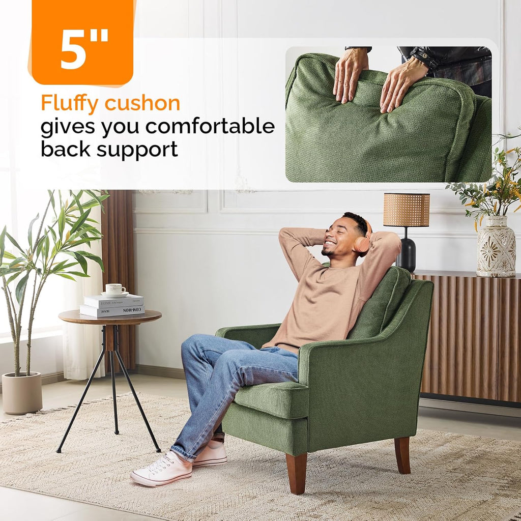 VINGLI Mid-Century Modern Accent Chair, Green Upholstered Armchair Comfy Sofa Chair Reading Chair High Back for Living Room Bedroom Furniture Apartment