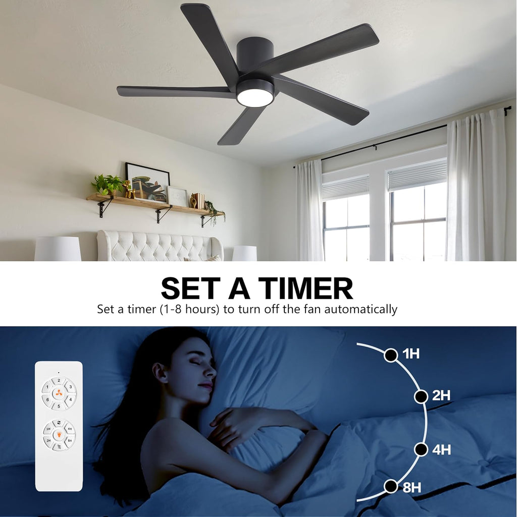 WINGBO 48 Inch Flush Mount DC Ceiling Fan with Lights and Remote, 5 Reversible Carved Wood Blades, 6-Speed Noiseless DC Motor, Hugger Ceiling Fan in Black Finish, Low Profile Ceiling Fans, ETL Listed