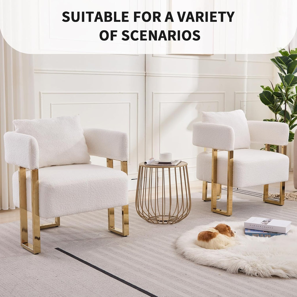 YISHENG Modern Barrel Accent Chairs Set of 2, Living Room Side Chairs with Golden Metal Legs Soft Upholstered Reading Armchairs no Wheels for Vanity/Reception Room//Bedroom/Lounge/Office, White Teddy