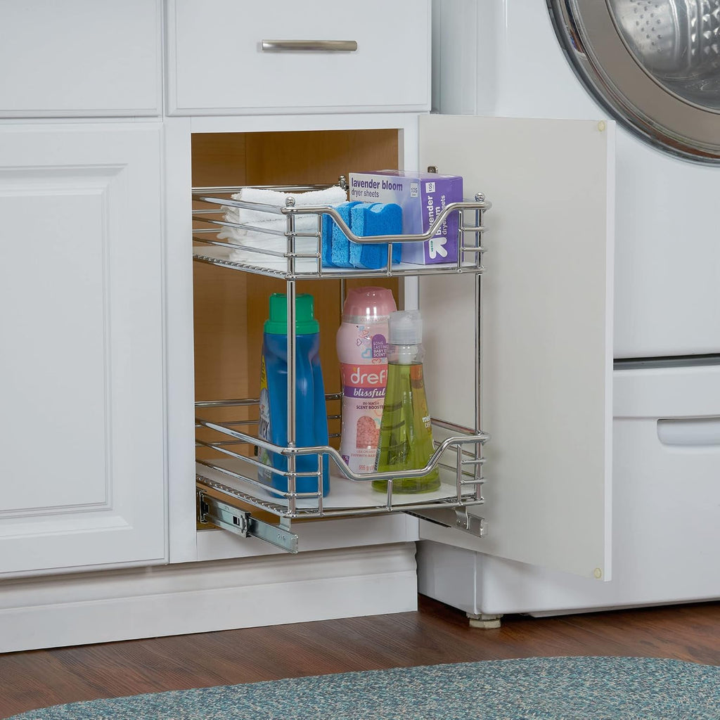 Household Essentials Glidez 2‑Tier Multipurpose Large Chrome‑Plated Steel Pull‑Out/Slide‑Out Under Cabinet Organizer with Plastic Liner, Chrome Finish