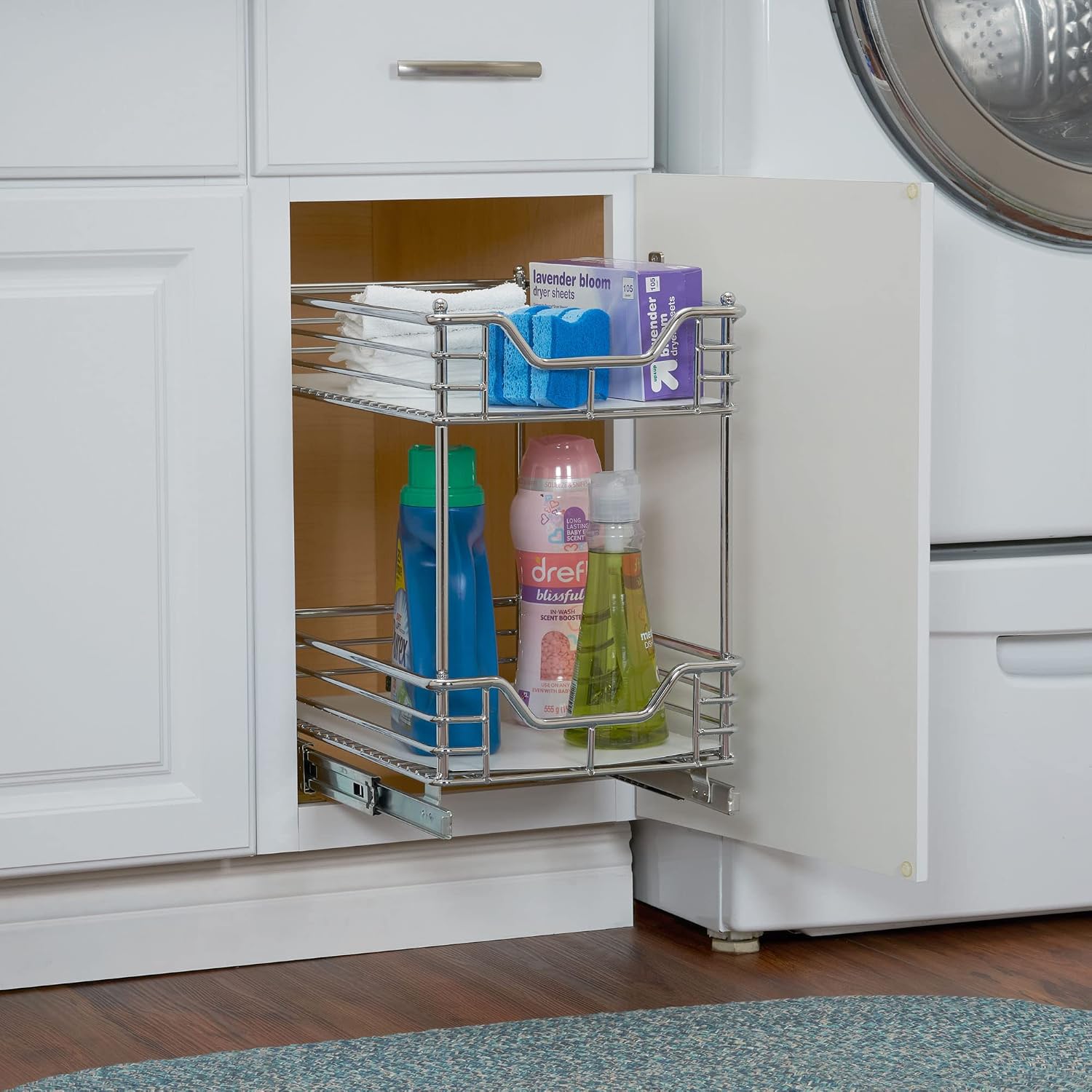 Household Essentials Glidez 2‑Tier Multipurpose Large Chrome‑Plated Steel Pull‑Out/Slide‑Out Under Cabinet Organizer with Plastic Liner, Chrome Finish