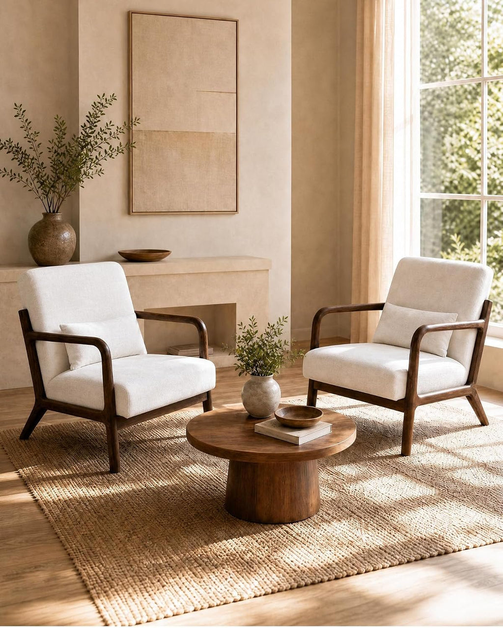 Garvee Mid-Century Chenille Accent Chair, Cozy Reading Chair, Modern Lounge Armchair with Lumbar Pillow, Solid Wood Frame, for Living Room, Bedroom, Office, Beige