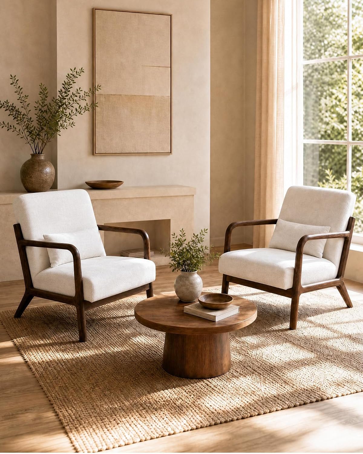 Garvee Mid-Century Chenille Accent Chair, Cozy Reading Chair, Modern Lounge Armchair with Lumbar Pillow, Solid Wood Frame, for Living Room, Bedroom, Office, Beige