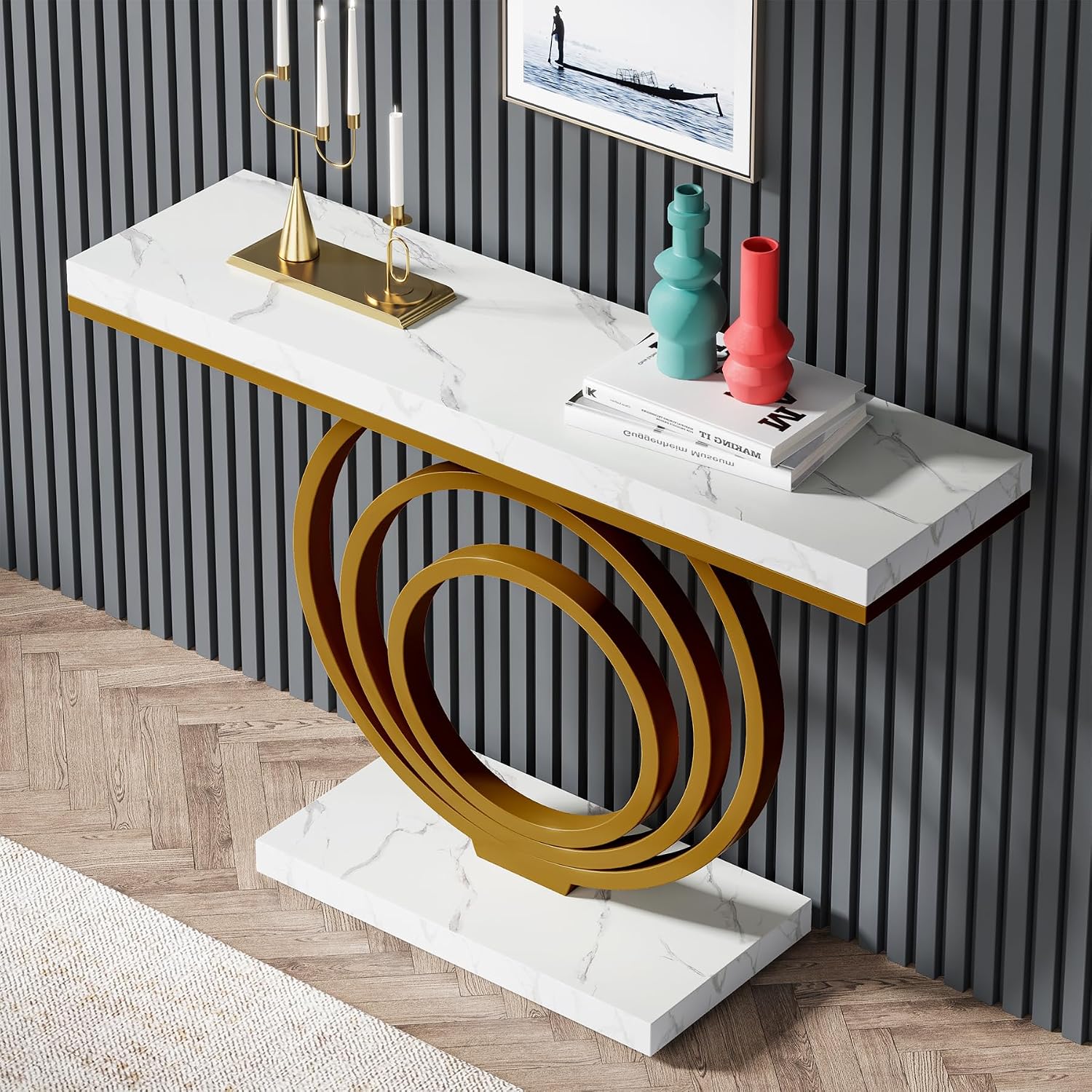 Tribesigns 41-Inch Gold Entryway Table, Modern Console Table Narrow Long, Contemporary Accent Table for Living Room, Hallway, Entrance, Faux Marble Veener Top