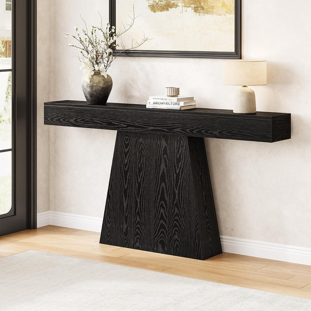 LITTLE TREE 63' Entryway Table, Modern Black Wooden Console Table with Trapezoidal Base for Living Room, Entrance, Hallway, Foyer, Behind the Couch