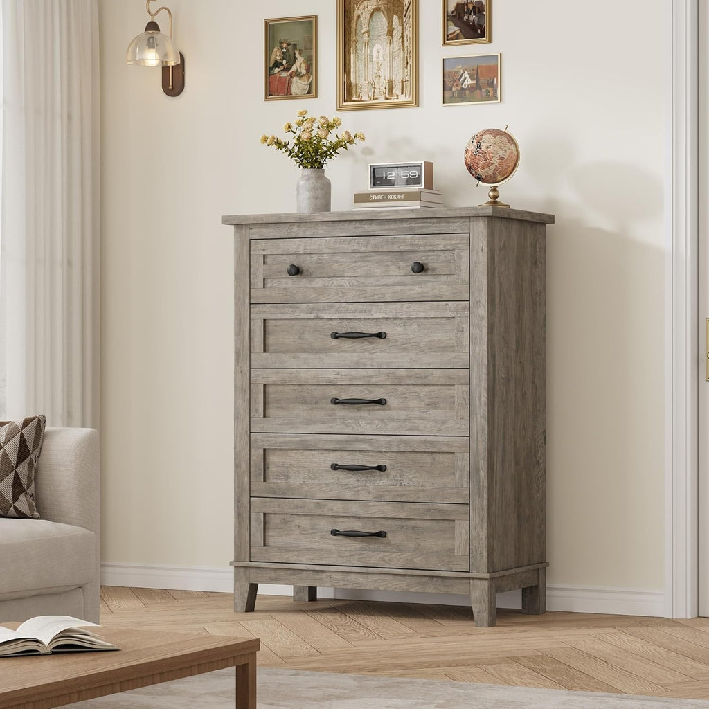 GarveeHome 5 Dresser for Bedroom, 41.3 in Tall Vertical Drawer Dresser with Large Storage, Freestanding Wooden Closet Chest for Bedroom, Living Room, Ash Grey