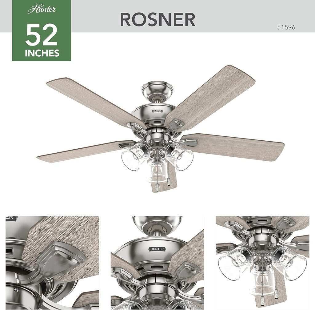 Hunter 52 inch Indoor Ceiling Fan with LED Lights and Pull Chain - Standard Mount Ceiling Fan, 5 Blades, For Bedroom, Living Room, or Kitchen, 3 inch Downrod - Rosner 51596, Brushed Nickel