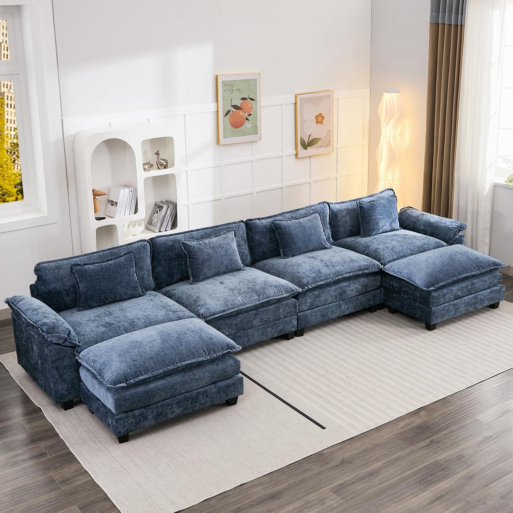 Oprisen 154' Modular Sectional Sofa, Comfy Cloud Couch Sectional Sofa with Ottoman, Chenille Sofa Sleeper Deep Seat Sofa with Throw Pillows for Living Room (Blue, 154'- U Shape)