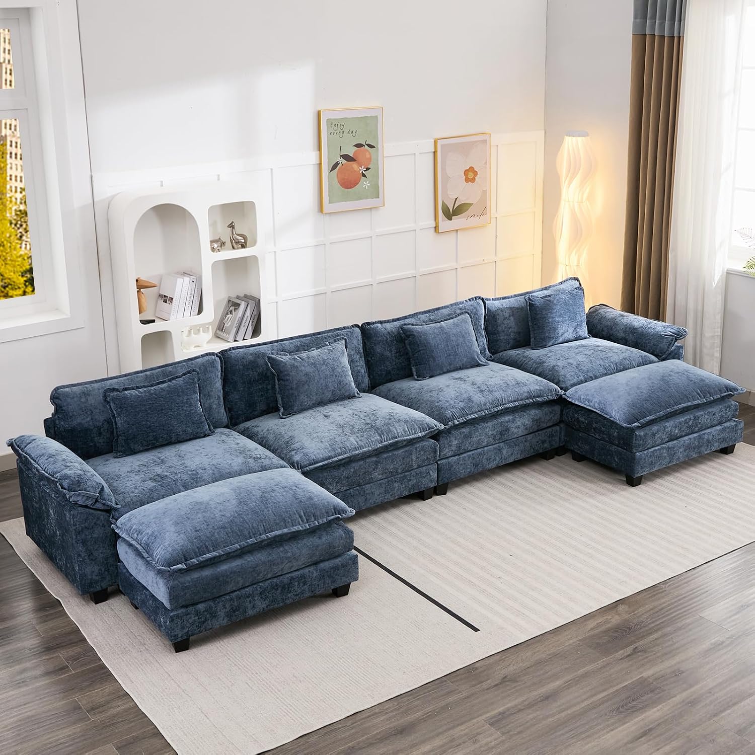 Oprisen 154' Modular Sectional Sofa, Comfy Cloud Couch Sectional Sofa with Ottoman, Chenille Sofa Sleeper Deep Seat Sofa with Throw Pillows for Living Room (Blue, 154'- U Shape)