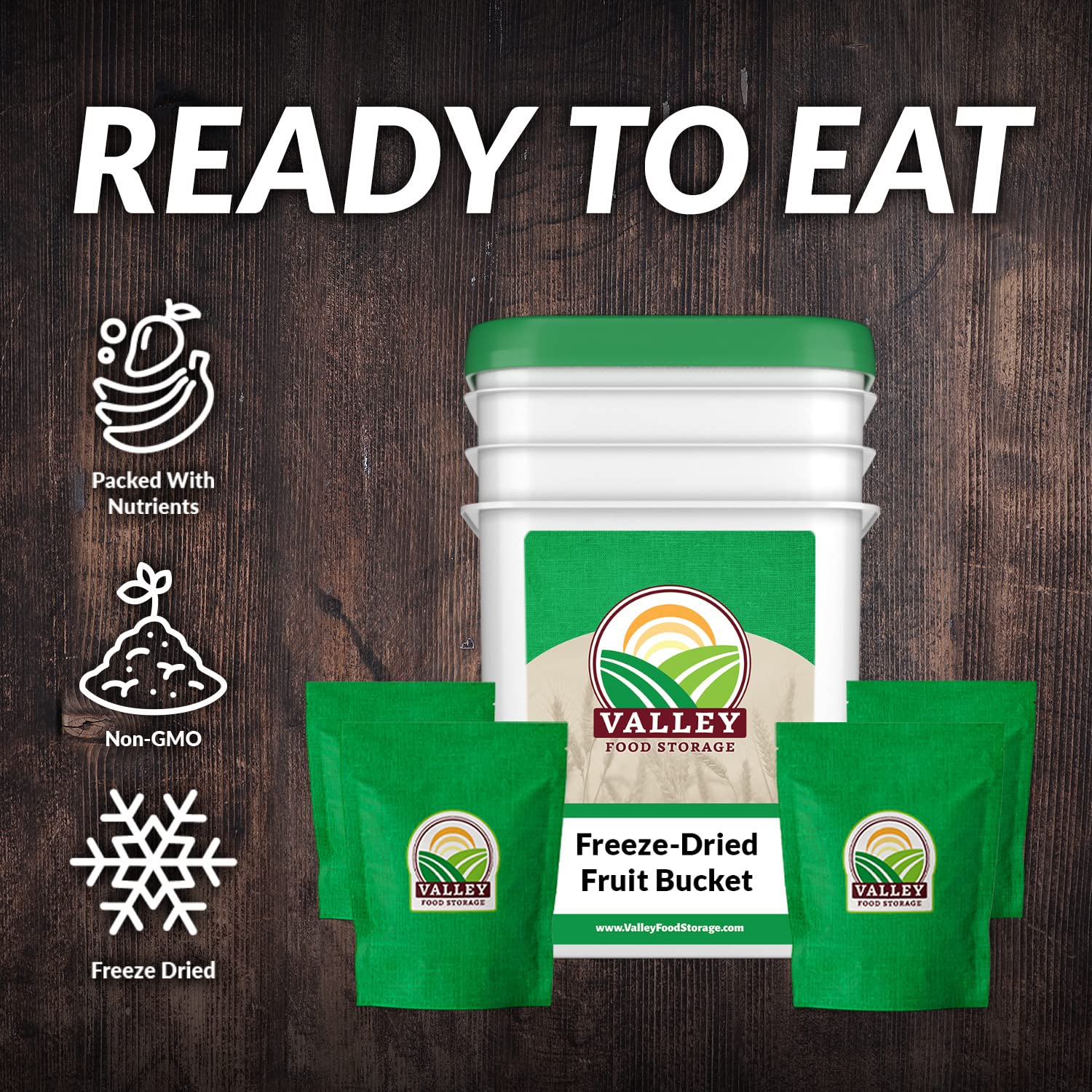 Valley Food Storage Freeze Dried Fruit Bucket | 12 Pouch Emergency Food Supply | Non-GMO Survival Food with 25 Year Shelf Life | Camping Snacks, Long Term Food Storage & Prepper Supplies | Packaged in USA