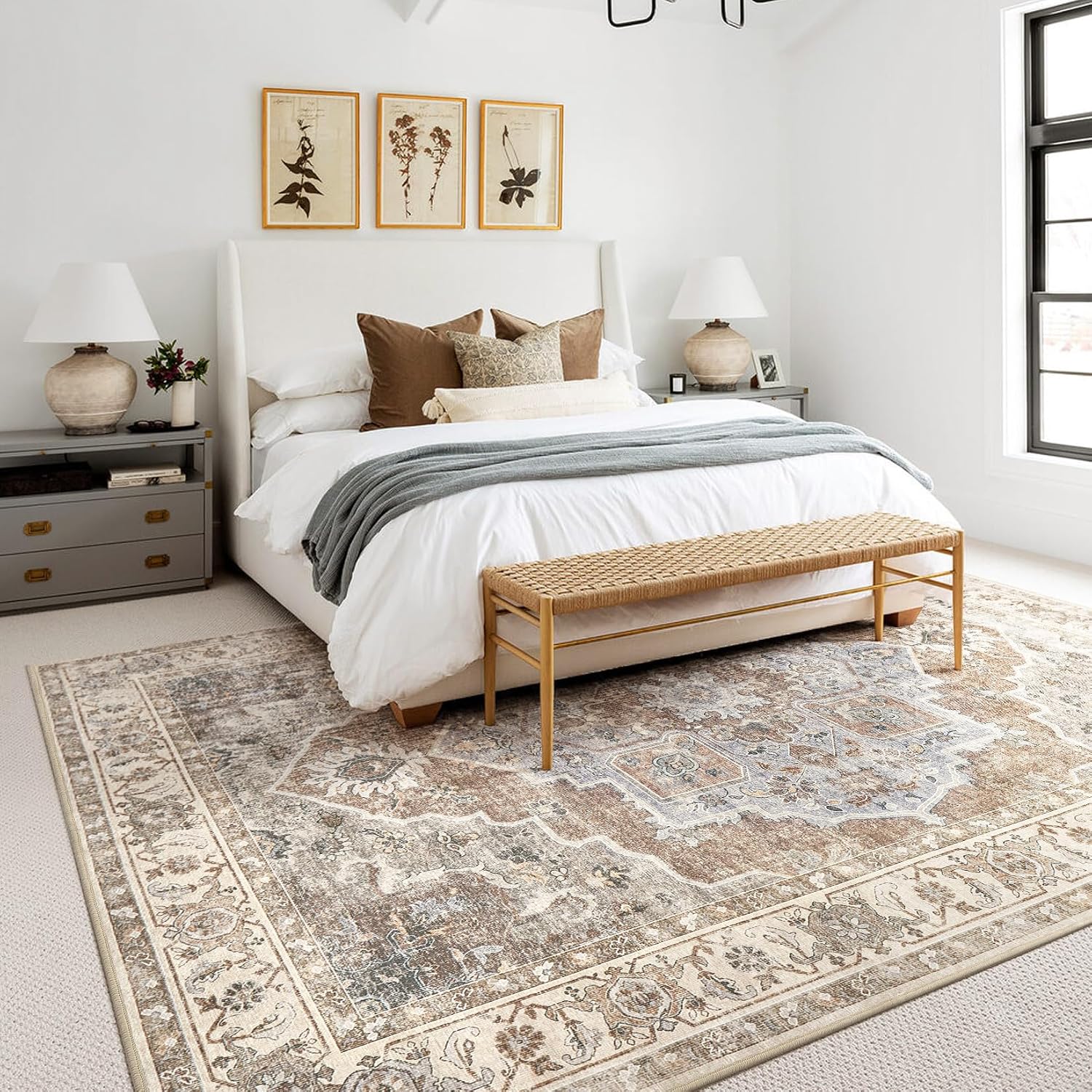 8x10 Washable Area Rug: Vintage Neutral Soft Non Slip Thin Large Floor Carpet for Living Room Bedroom Kitchen Dining Room Home Office Farmhouse Indoor - Grey Brown