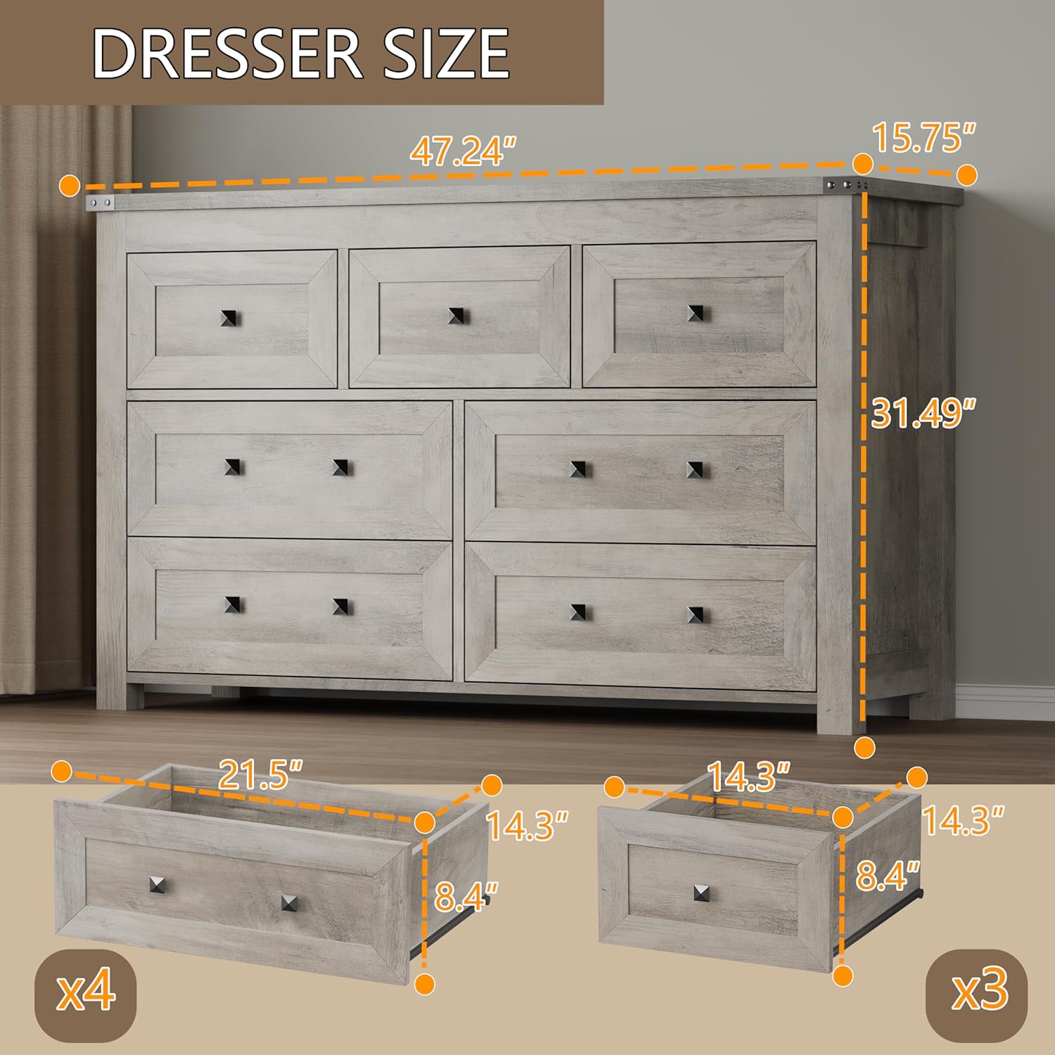 BORNOON 7-Drawer Dresser, Modern Wooden Storage Chest of Drawers, Dresser TV Stand, Wood Drawer Organizer with Metal Handles for Bedroom, Living Room, Hallway