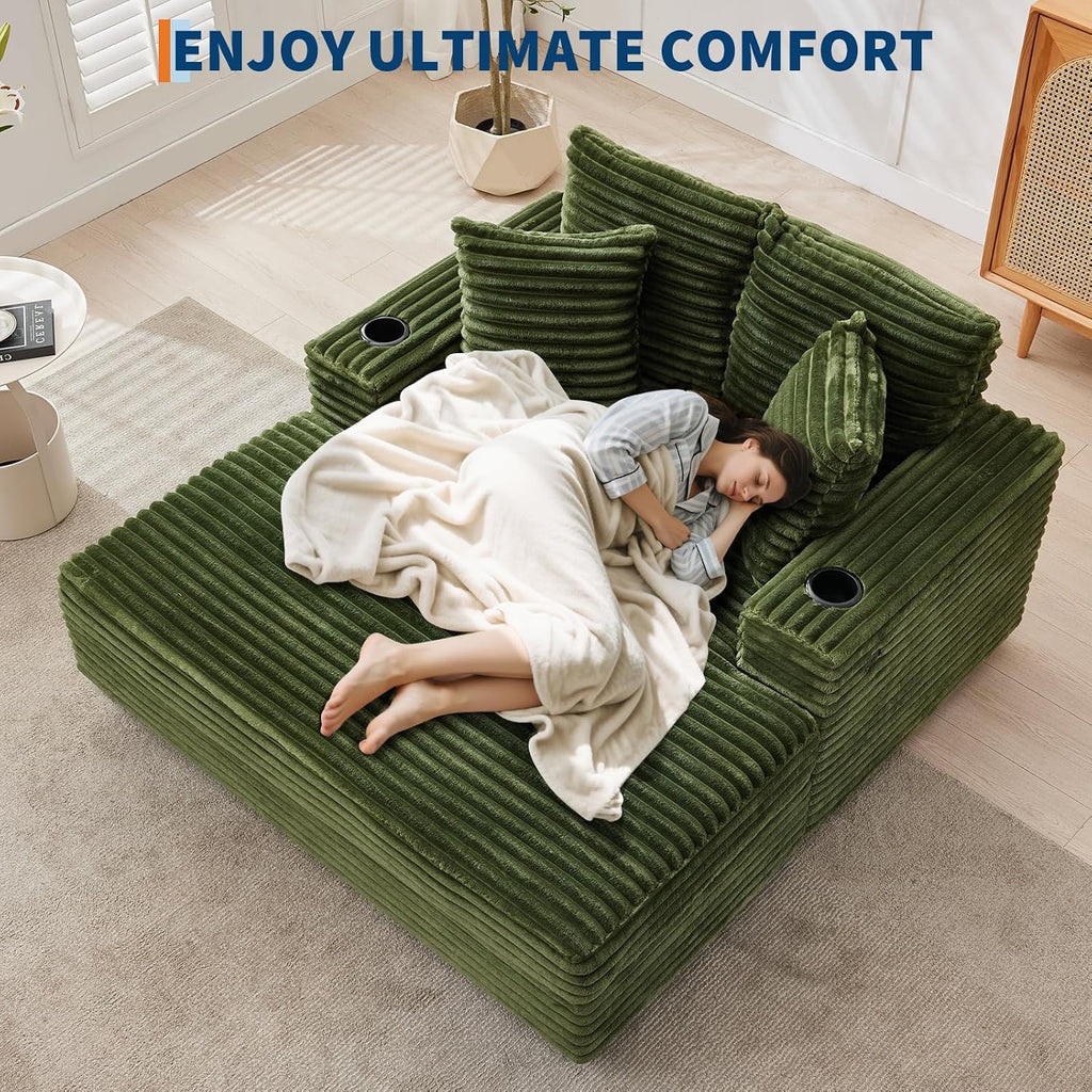 GarveeHome 60-inchOversized Chaise Lounge Chair Indoor, Comfy Corduroy Lounge Sofa with Charging Station, Cup Holders & Throw Pillows, Cozy Sleeper Couch for Living Room Apartments, Green
