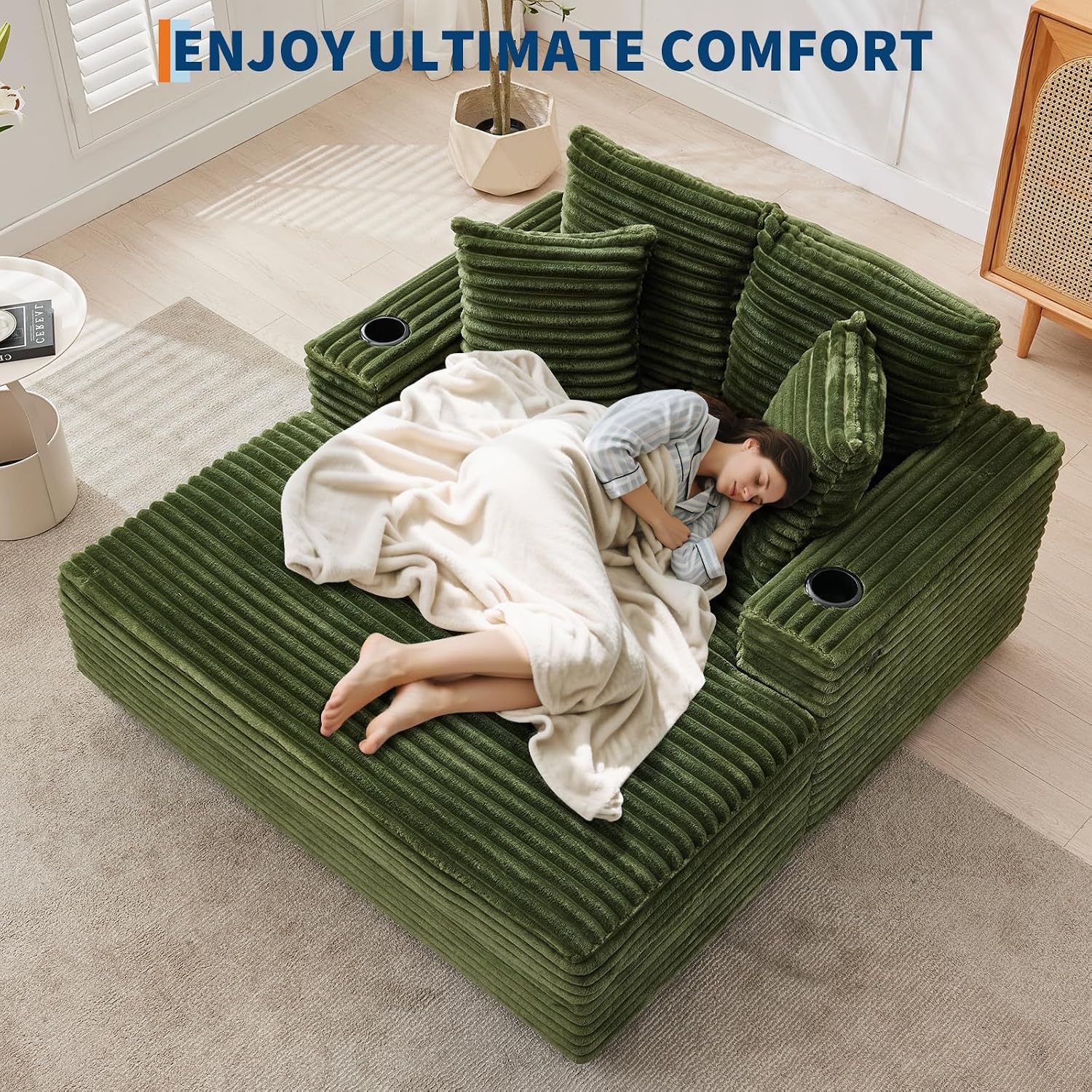 GarveeHome 60-inchOversized Chaise Lounge Chair Indoor, Comfy Corduroy Lounge Sofa with Charging Station, Cup Holders & Throw Pillows, Cozy Sleeper Couch for Living Room Apartments, Green