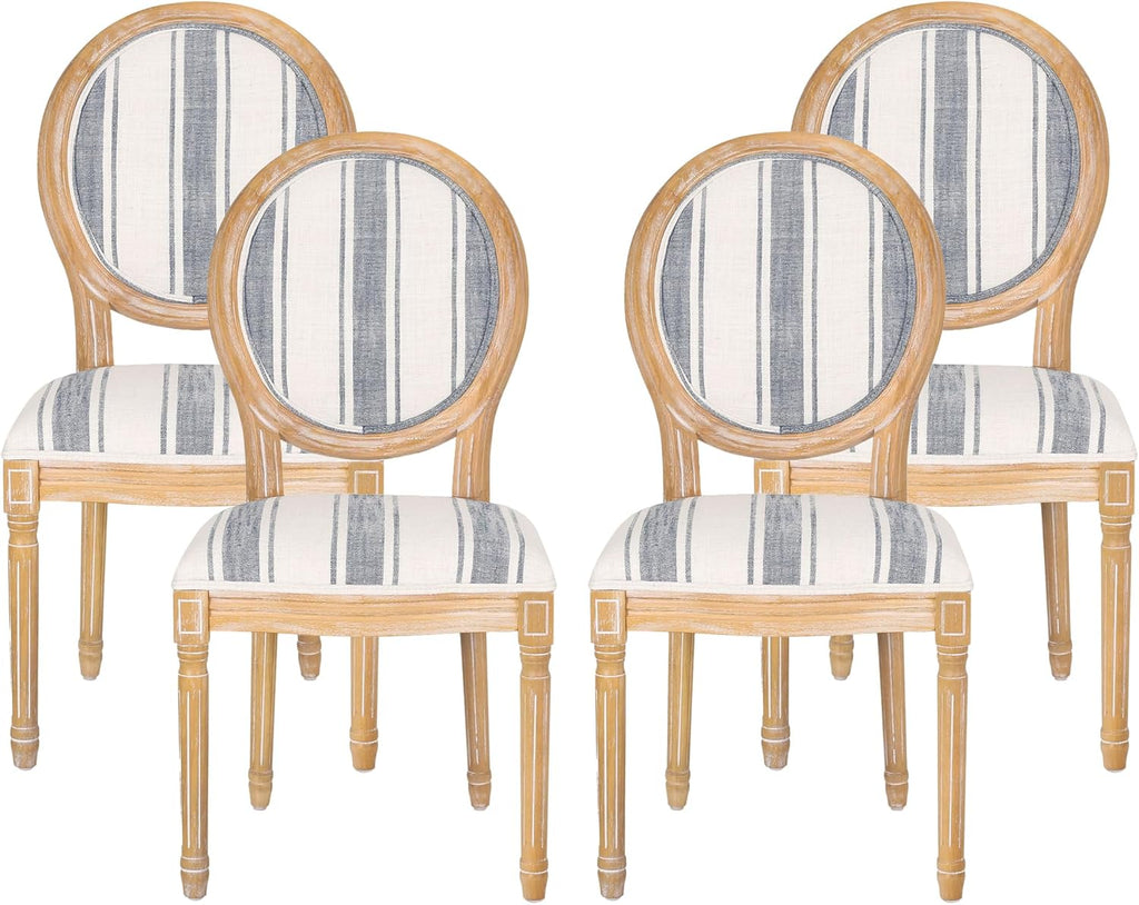 Christopher Knight Home Phinnaeus Dining Chair Set, Set of 4, Wood, Dark Blue Stripes + Light Beige + Natural